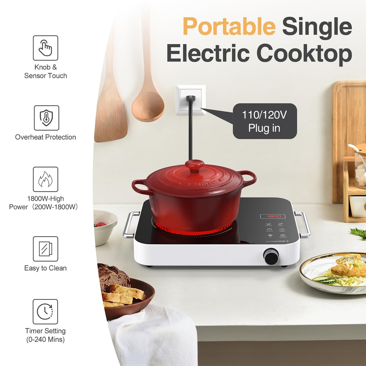 GIHETKUT Electric Cooktop Single Burner, 1800W 110V Electric Stove Top with Knob Control, Portable Induction Cooktop with 2 Handle, Hot plate with Double Ring Heating, 4 hours Timer