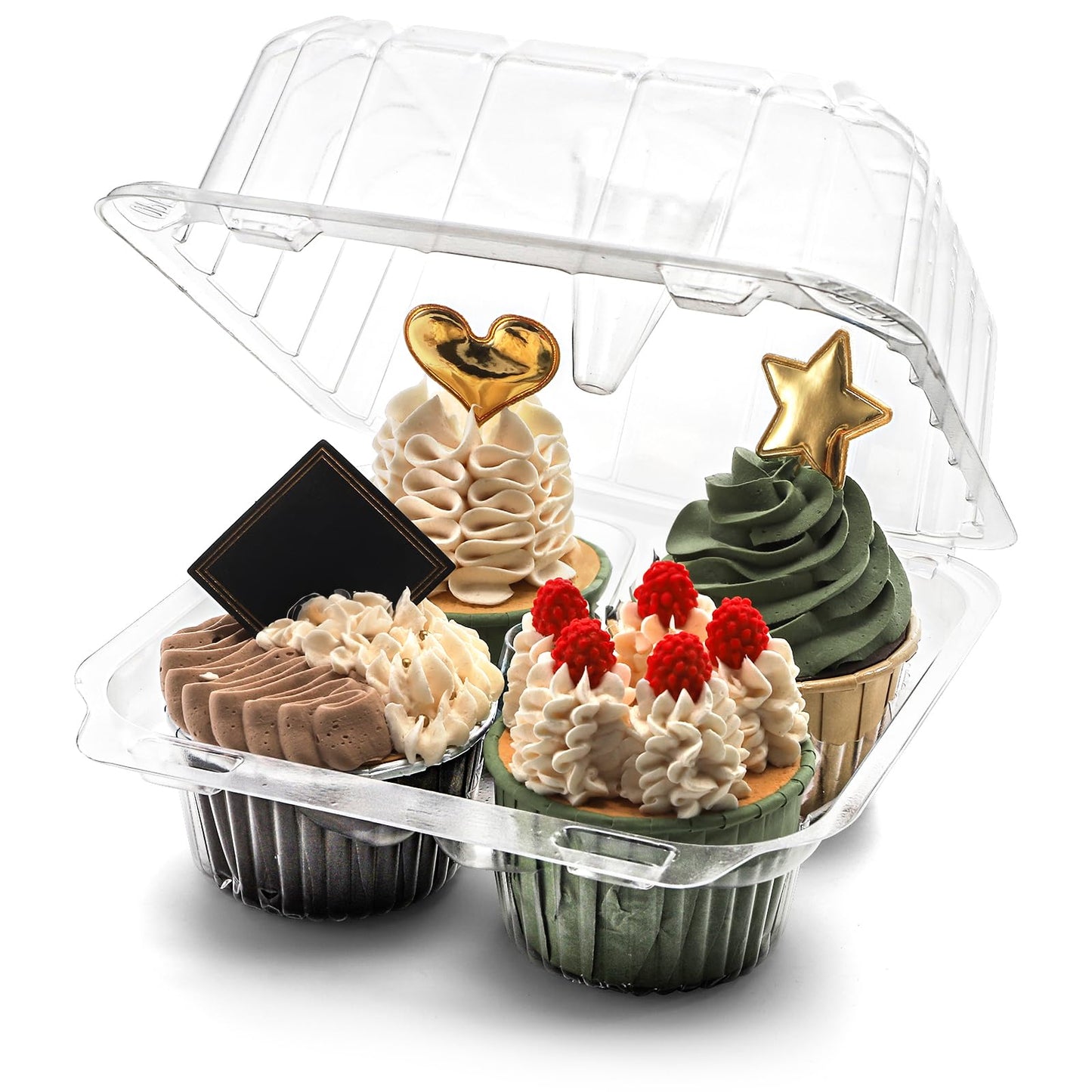 Coloch 50 Pack 4-Cavity Clear Cupcake Container, 4 Compartment Plastic Cupcake Holder with Connected Lid, Deep Dome Muffin Container, Stackable Carrying Box for Cupcakes, Wedding, Party Gift Packaging