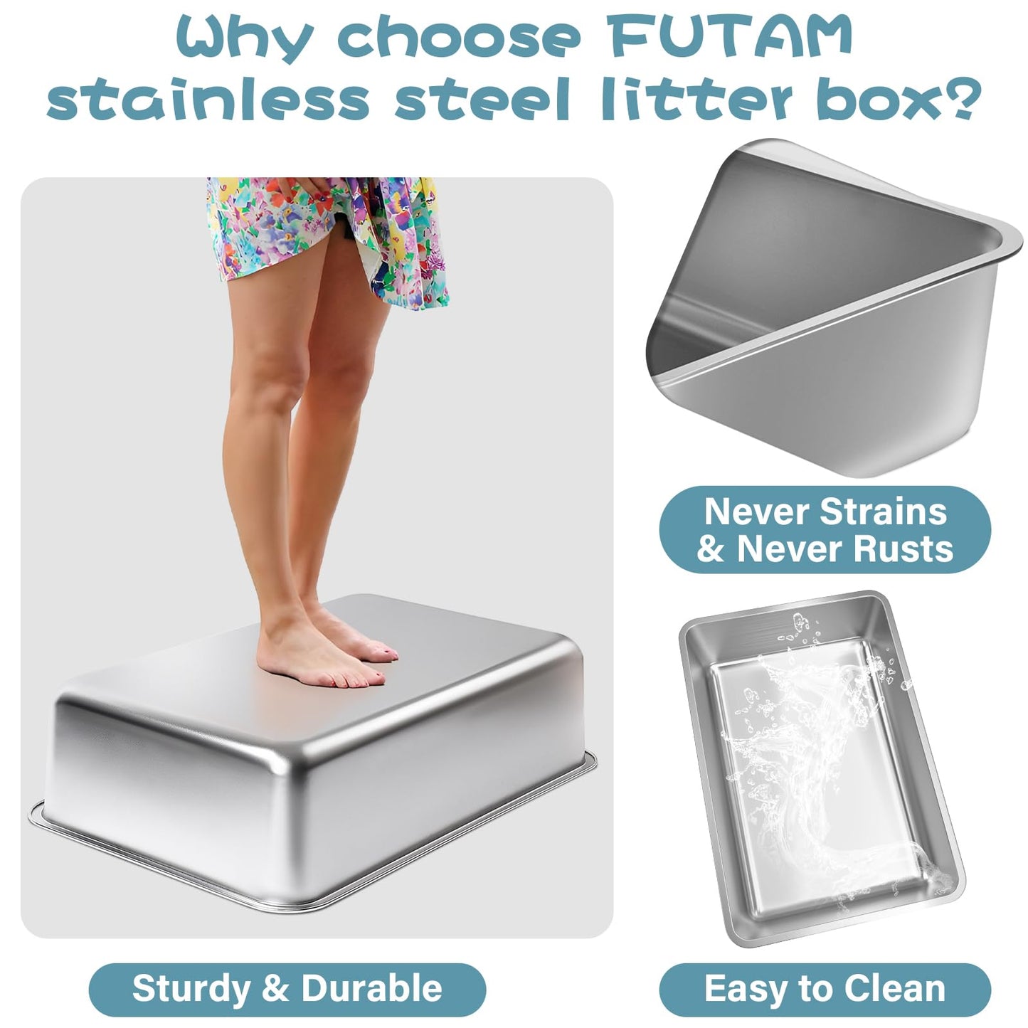 FUTAM Stainless Steel Litter Box, 17.7"x13.8"x6" Large Metal Litter Box for Kitty/Cat/Rabbits, Easy to Clean, Non Stick Litterbox No Smell for Adult Cats