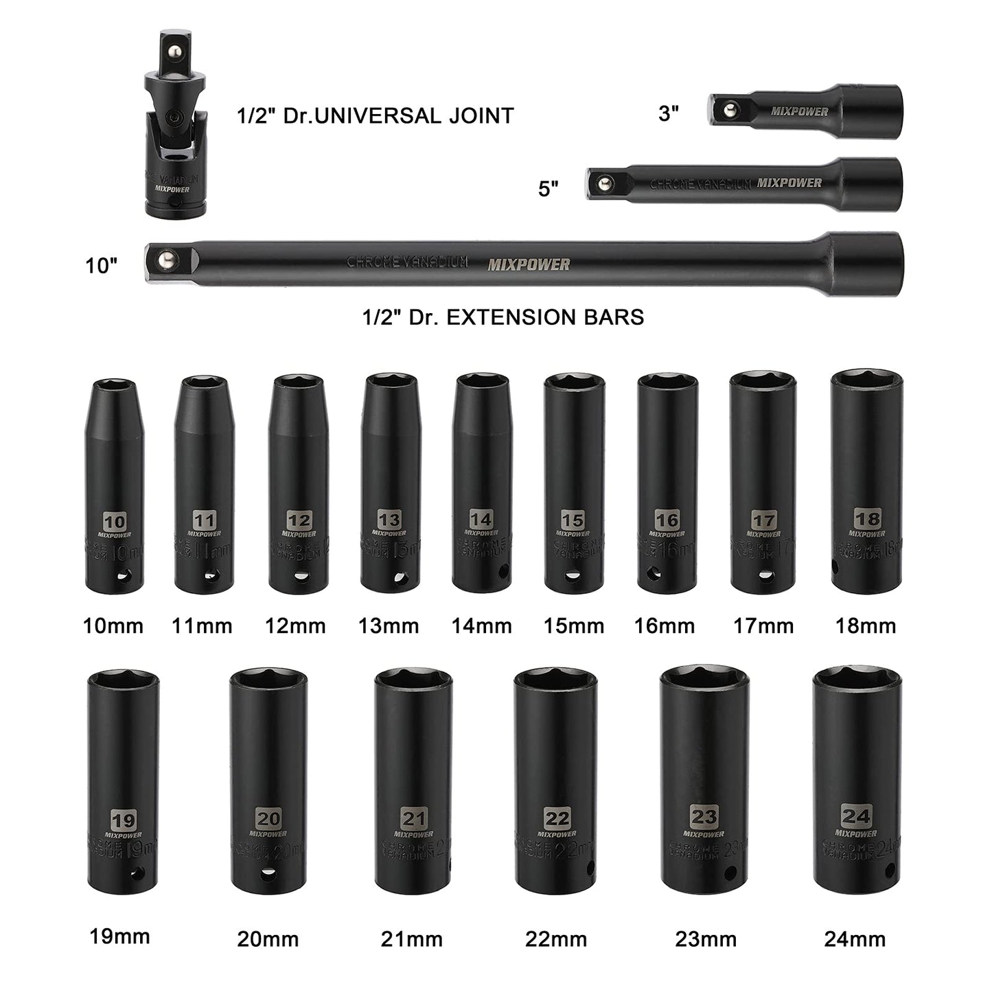 MIXPOWER 1/2-Inch Drive Deep Impact Socket Set, CR-V, Metric Size 10-24mm, 6 Point, Perfect for Home, Mechanic and Repair Project, 19-Piece Sockets Set with Extension Bar and Universal Joints.
