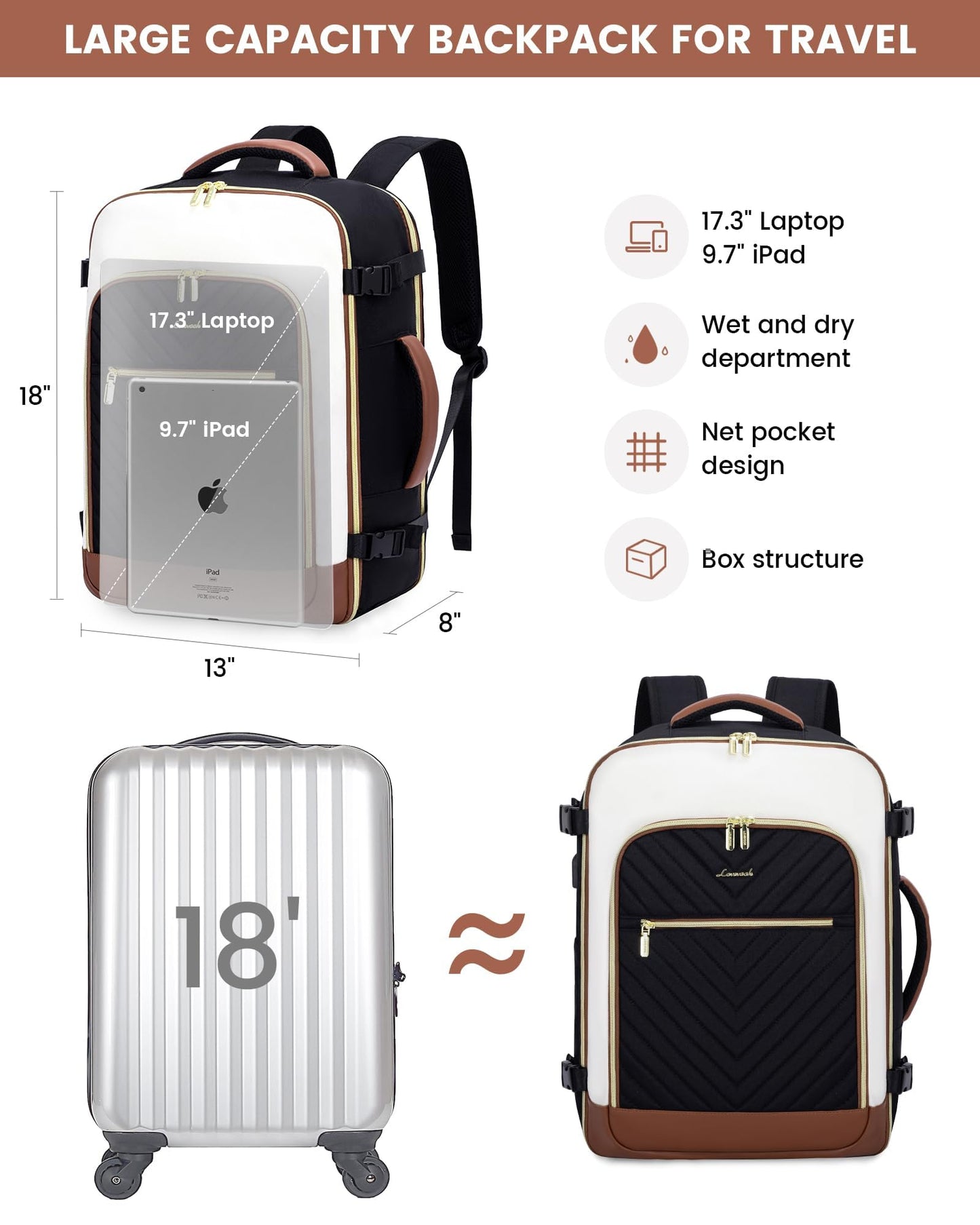 LOVEVOOK Travel Backpack for Women, Large TSA Carry on Backpack for Airplanes, 40L Personal Item Travel Bag for Women fits 17" Laptop, Waterproof Carry on Bag Airplane Approved with 3 Packing Cubes