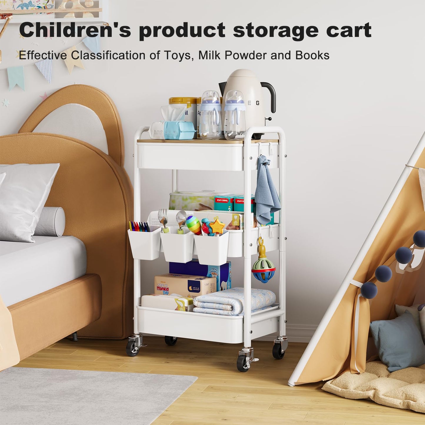 3 Tier Rolling Cart with Wood Table Top, White Bedside Cart on Lockable Wheels, Metal Utility Storage Organizer Carts for Kitchen, Art, Craft, Nail, Salon, Lash, Nursery, Bathroom, Baby Diaper Caddy