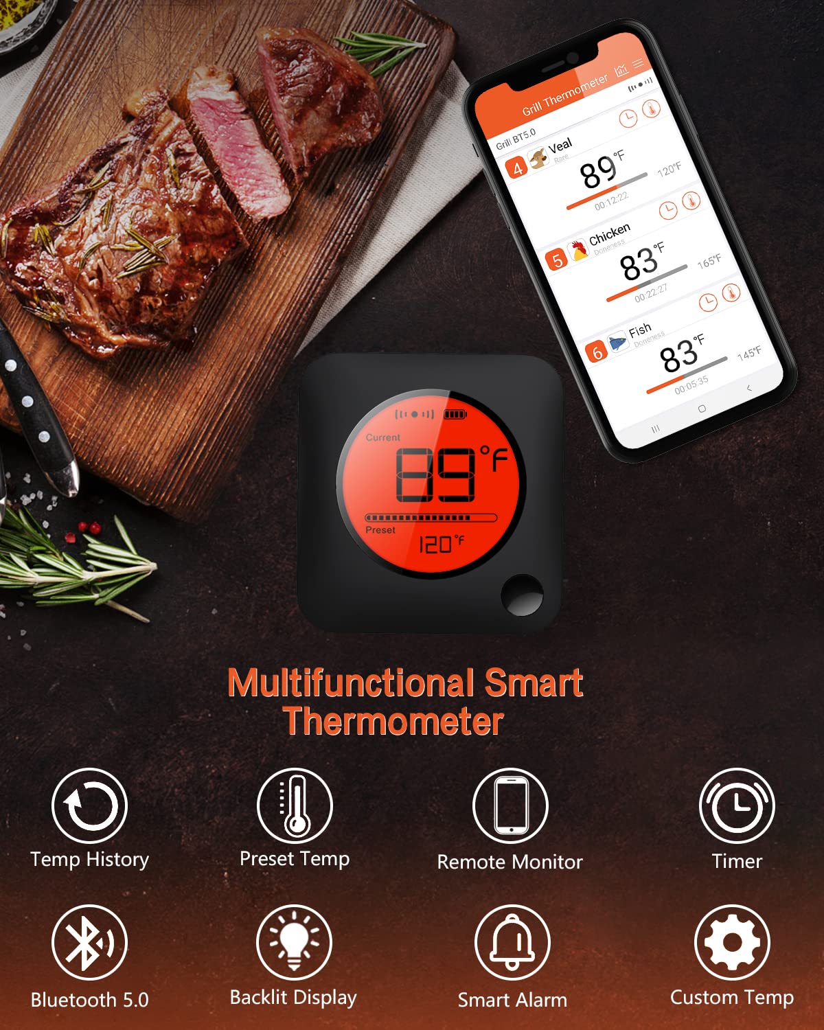 BFOUR BBQ Thermometer Wireless, Large LCD Digital Meat Thermometer Wireless with 2 Meat Probes, Bluetooth Meat Thermometer BBQ for Smoker Kitchen Cooking, Meat Thermometer for Grill BBQ and Oven