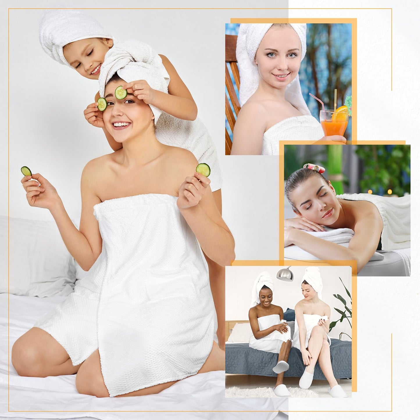 Tigeen 4 Sets Spa Wraps for Women and Hotel Slippers Spa Slippers Washable Lightweight Waffle Towel Wrap with Pocket Reusable Bathroom Slippers for Spa Gym Sauna Bath, White