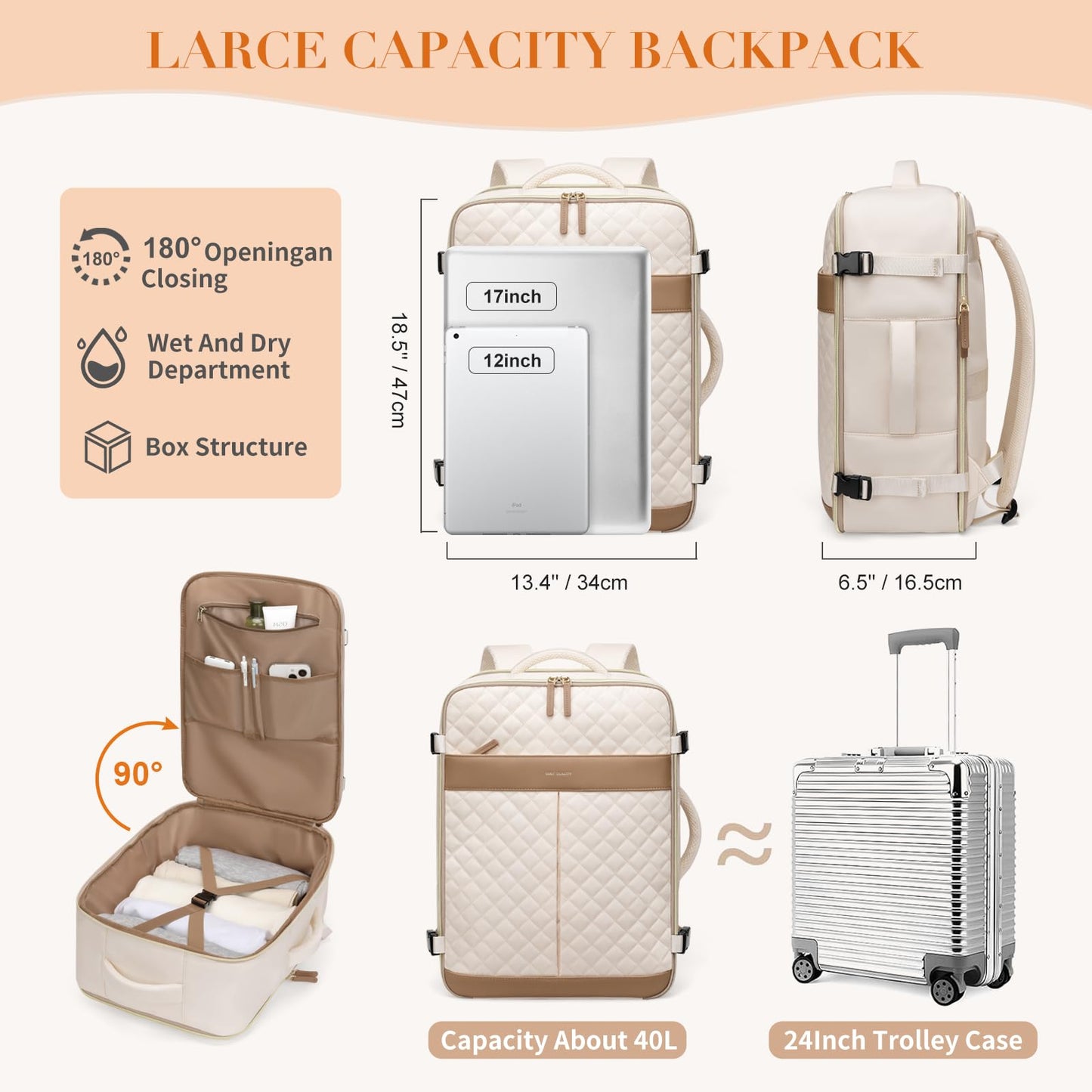 GOLF QUALITY Travel Backpack for Women Carry On Underseat Travel Bag Laptop Backpack Casual Daypack for Weekender Business,17 Inch, Beige