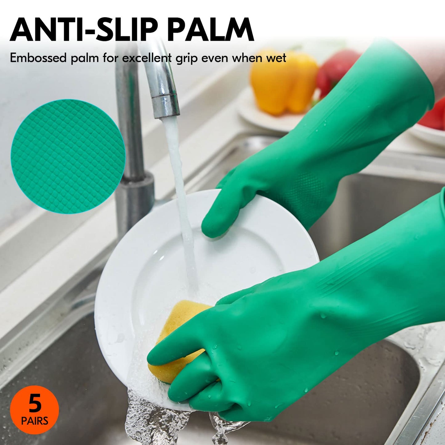 Vgo 5Pairs Reusable Household Gloves, Rubber Dishwashing Gloves, Kitchen Cleaning (M,Green,HH4601)
