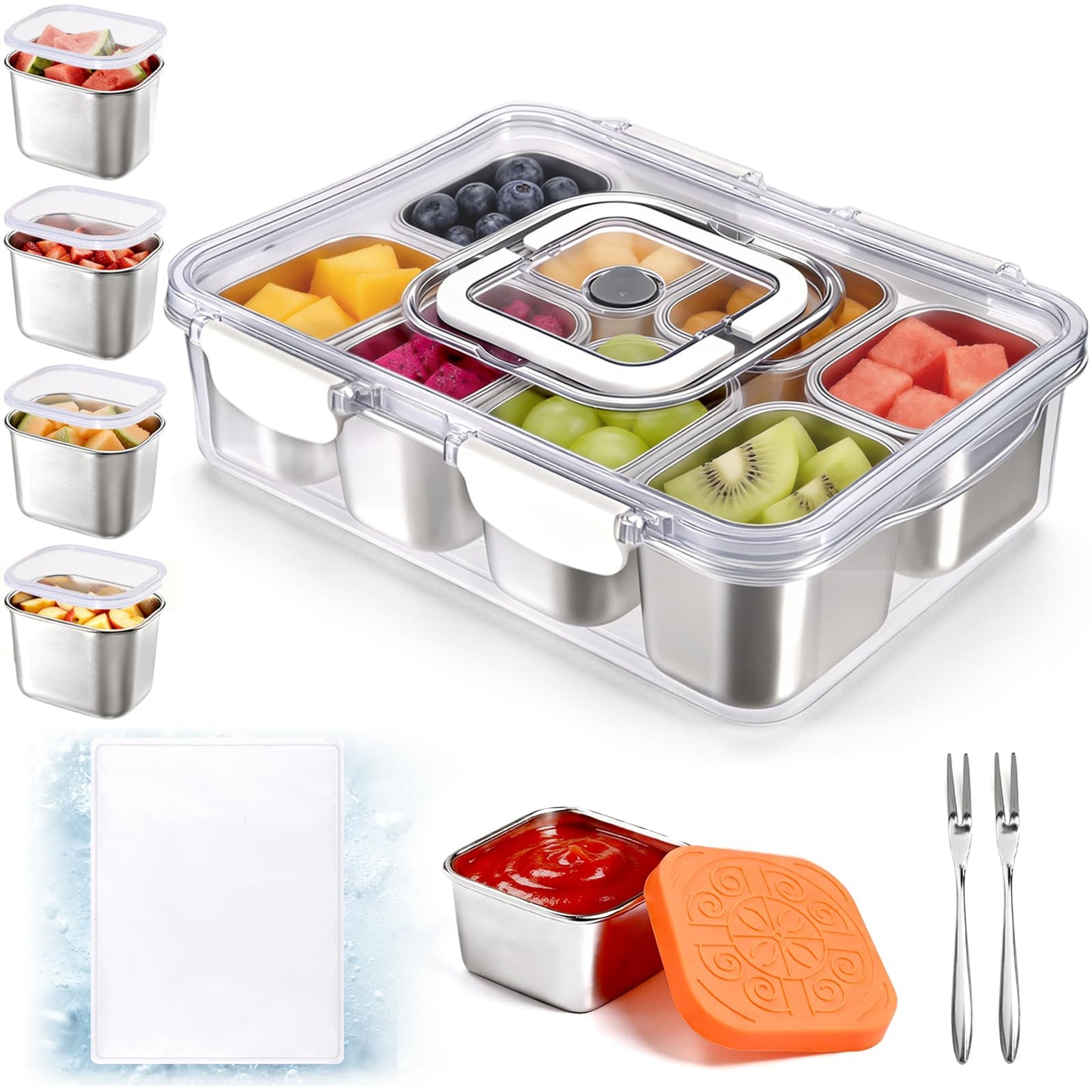 Qtencas Snackle Box Container with 8 Portable Removable Compartments, Ice Pack, Sauce Cup & Fork, Stainless Steel Divided Serving Tray with Lid and Handle for Road Trips Beach Camping