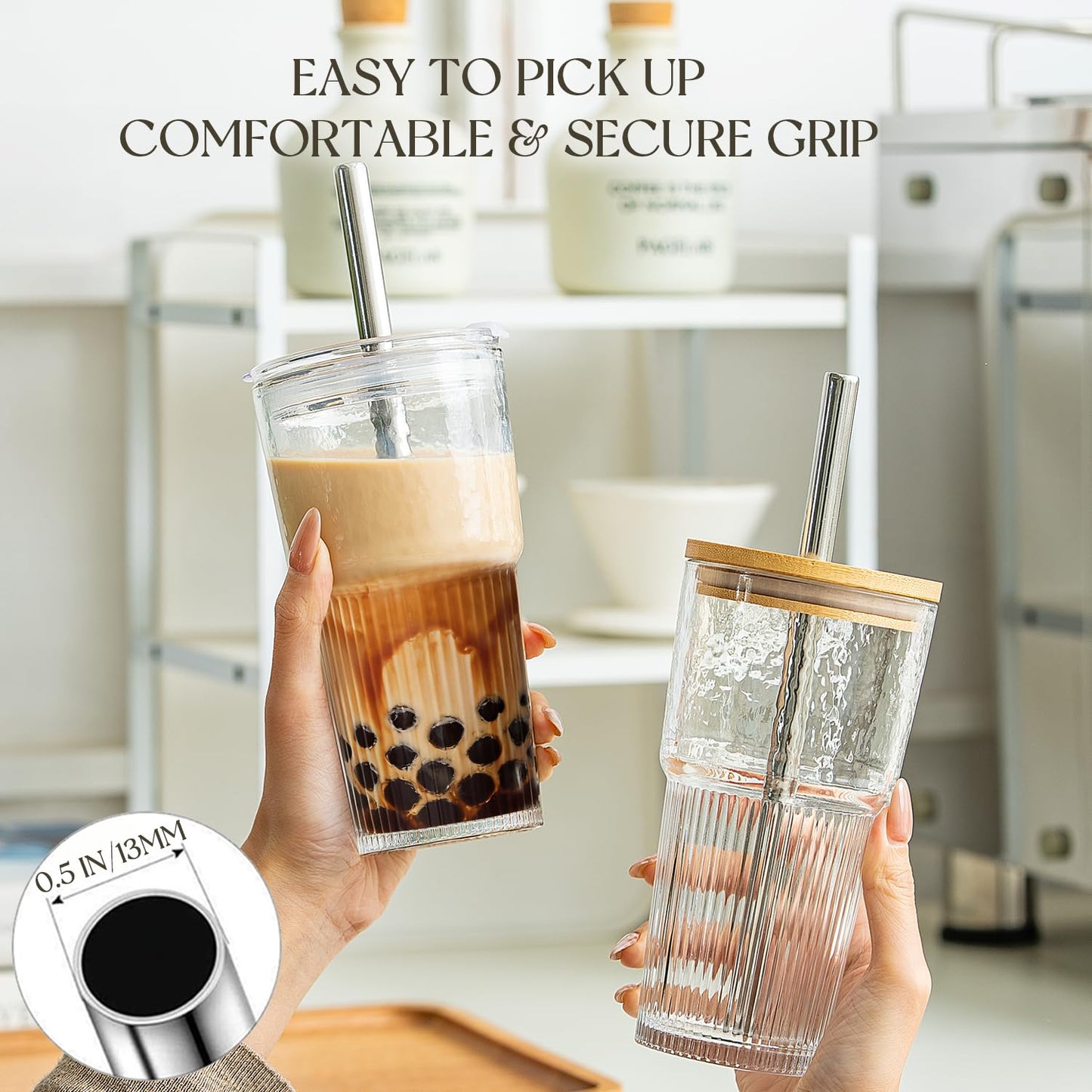 KEMORELA 20oz Ribbed Glass Tumblers with Reusable Stainless Steel Straws, Bamboo & Leak-Proof Dual Lids, Extra-Wide 13mm straw, 4Pc Vintage Drinking Glasses for Boba,Iced Coffee, Smoothies,Travel Cups