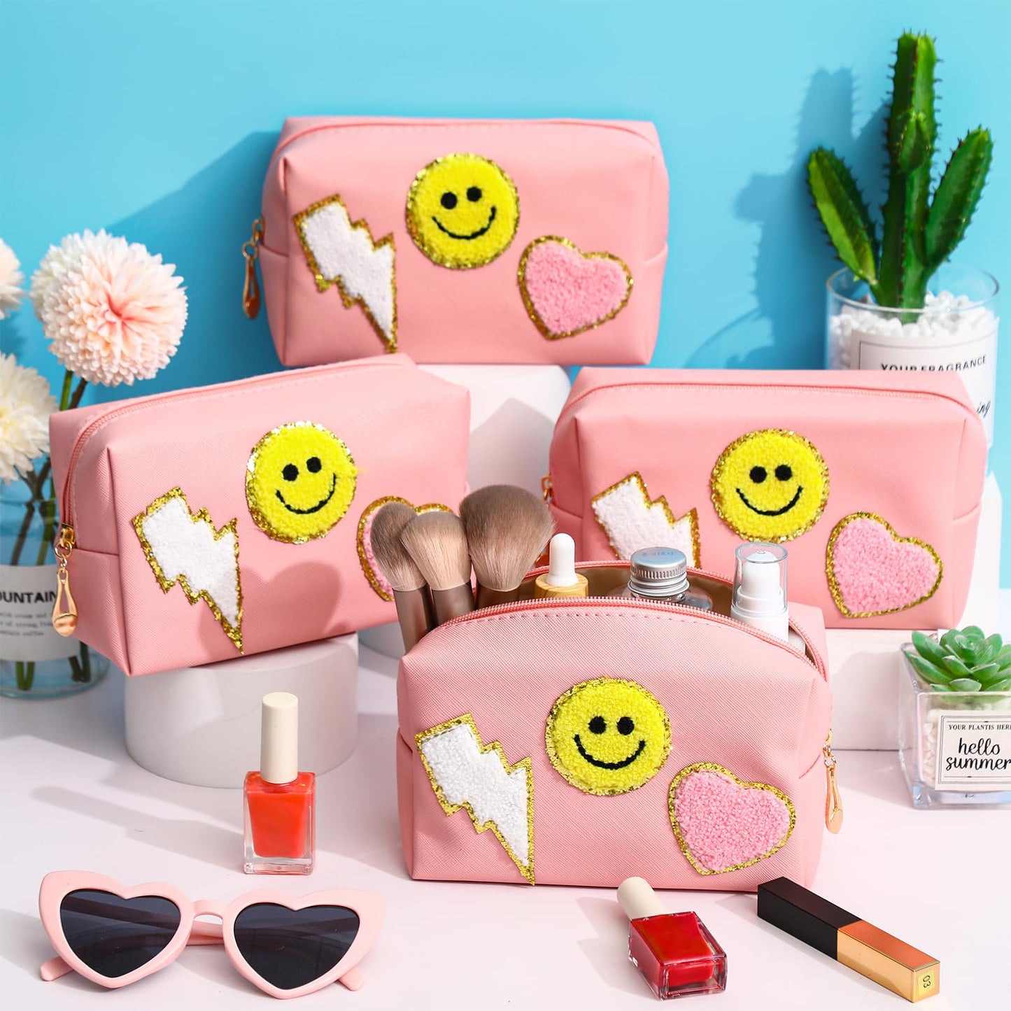 Silkfly 15 Pcs Preppy Patch Makeup Bag Bulk End of The Year Teacher Gifts Bulk Cosmetic Toiletry Bag Smile Lightning Heart PU Leather Portable Waterproof Makeup Cosmetic Purse for Women(Pink)