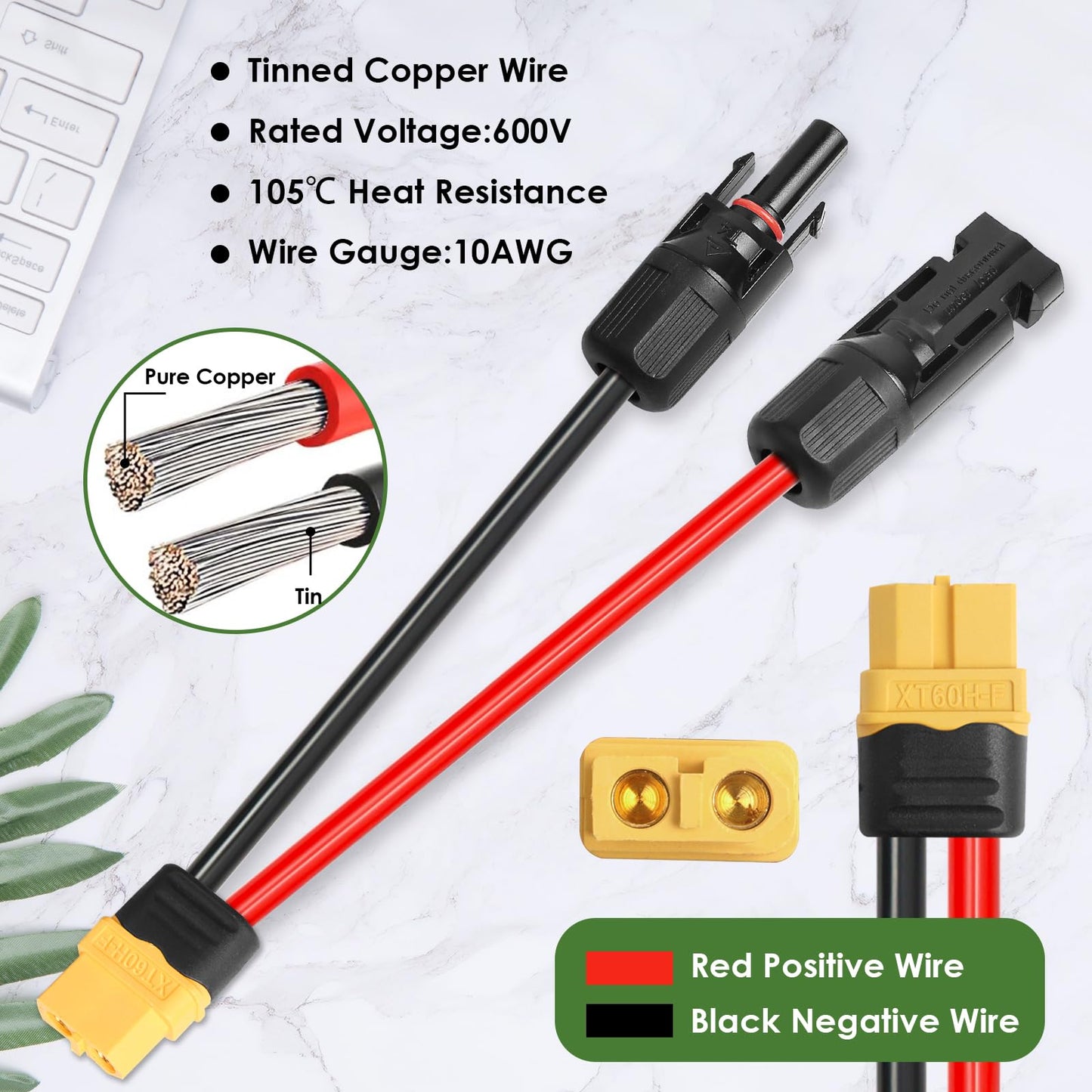 MOOKEERF Solar to XT60 Extension Cable 10AWG 50FT Solar Connector to XT60 Adapter Cable for Portable Power Station Battery Pack