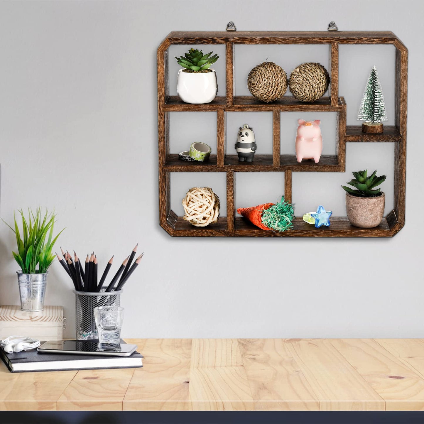 Frcctre Rustic Shadow Box Display Shelf, 9 Compartments Wood Hanging Display Floating Shelves, Multi-Slot Wall Mounted or Freestanding Farmhouse Decor Displays Case