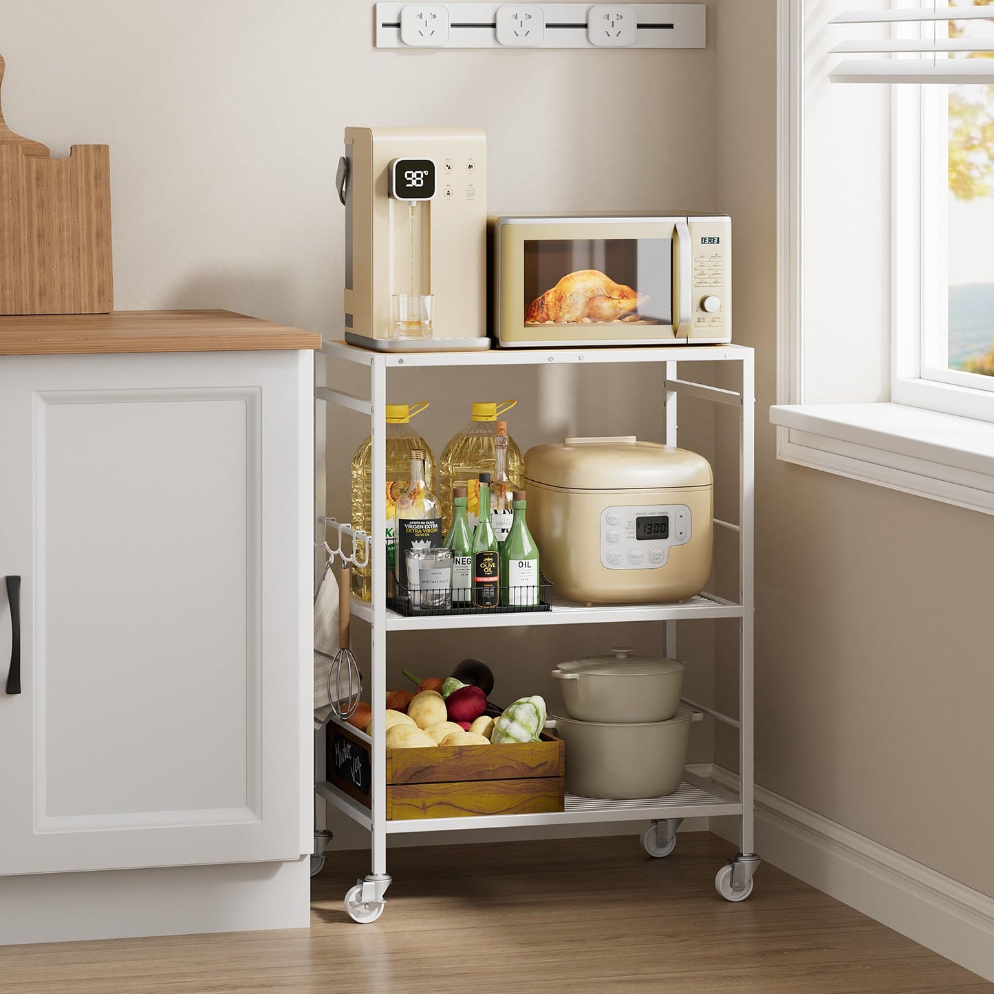 XIVIRACK 3-Tier Kitchen Cart with Adjustable Shelves - Microwave Storage Cart & Utility Rolling Organizer, Industrial Wheels for Small Spaces, 15.7"x23.6"x33.7" Kitchen Office Living Room Metal Rack