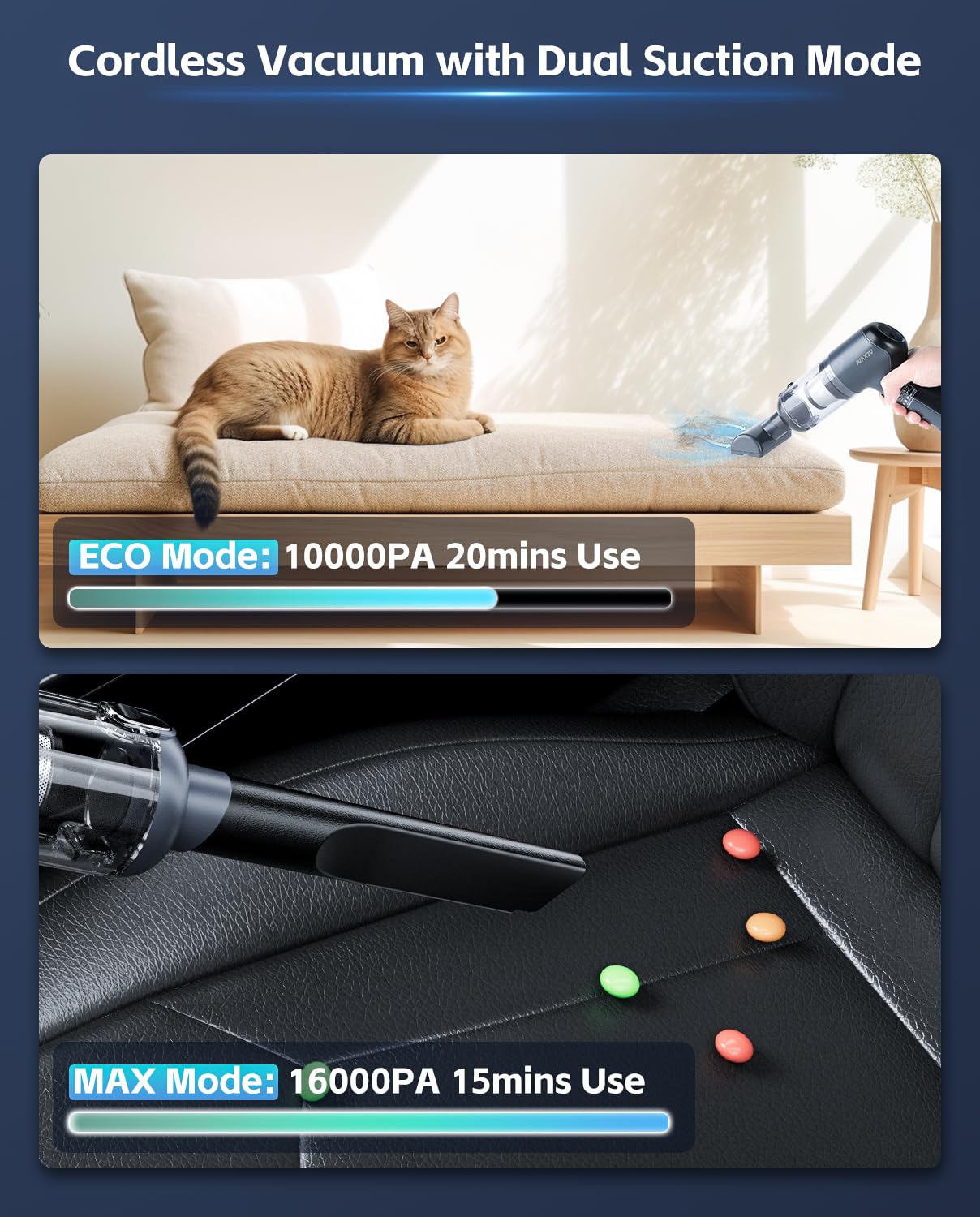 AX2V 4-in-1 Handheld Vacuum Cleaner, 16000Pa Brushless Powerful Car Vacuum Cleaner, Low Noise Cordless Rechargeable Vacuum, Ideal for Office, Home and Car Detail Cleaning