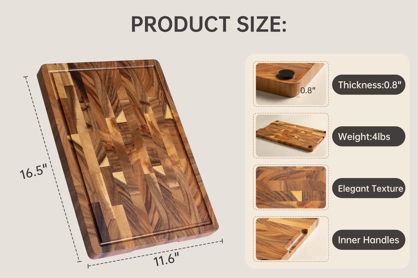 FYCTIO Walnut Wood Cutting Board End Grain Wooden Cutting Boards for Kitchen Chopping Block with Deep Juice Groove, Inners Handles, Gift Box, 16.5“x11.6”x0.8“