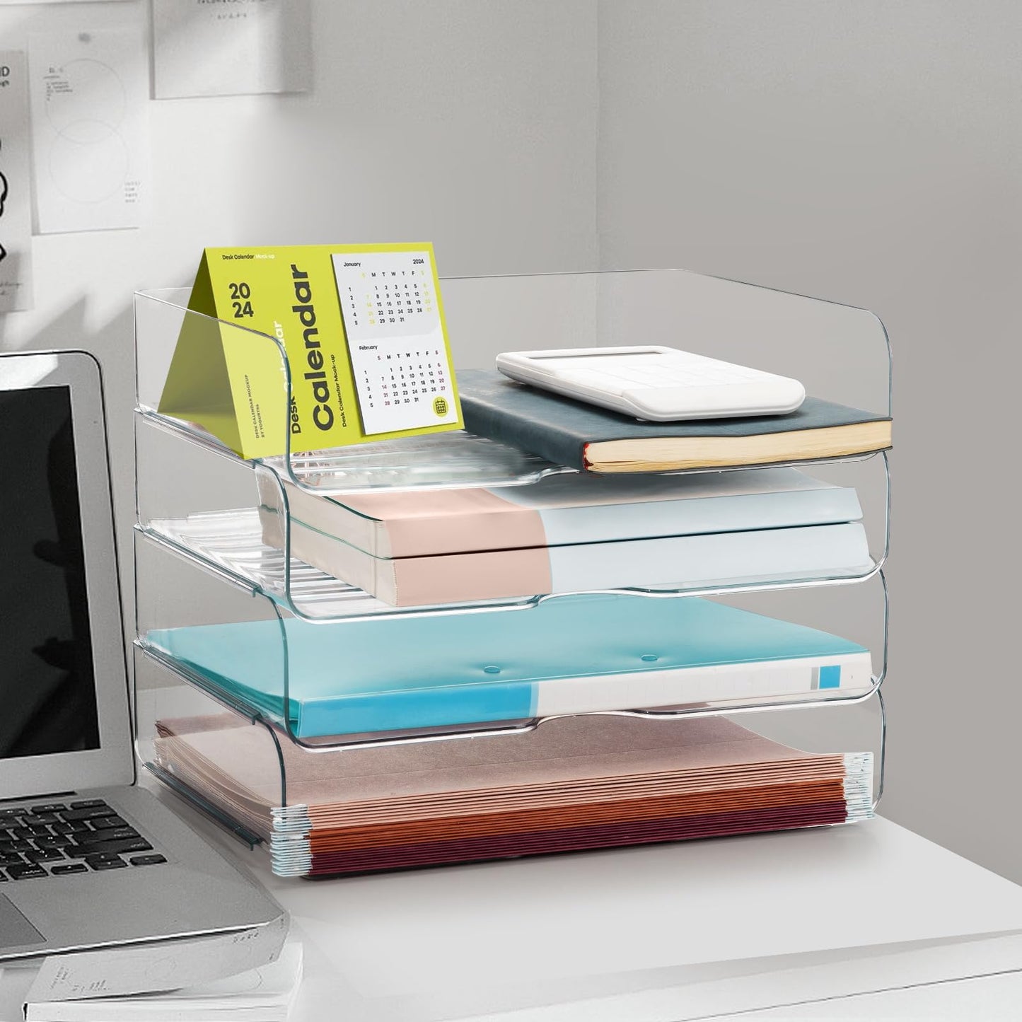 Desk Organizer and Tray, 4-Tier Paper Letter Tray, Stackable Clear Desktop Organizer for Documents, Paper, Books and Magazines, Office Supplies (Clear, 4 Pack)