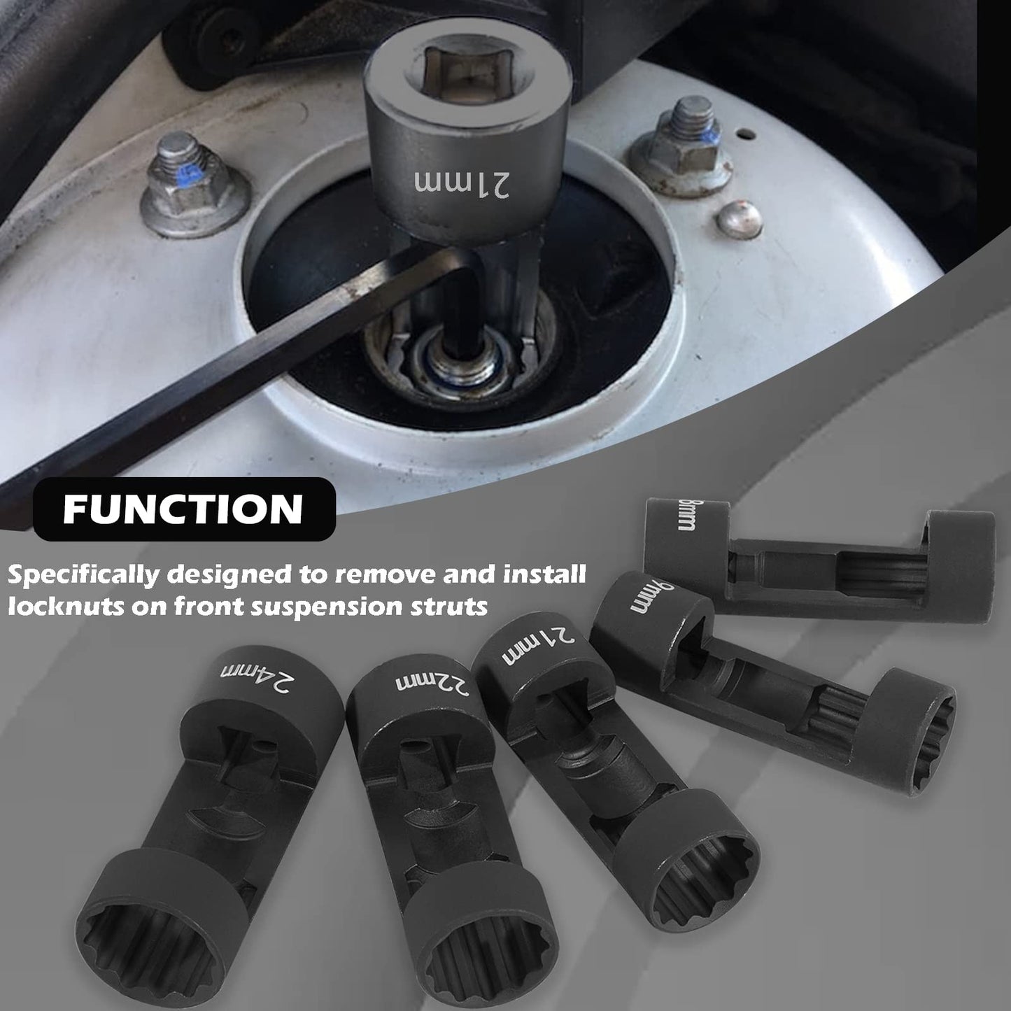 5pcs Strut Nut Socket 18mm 19mm 21mm 22mm 24mm with 12 Point 1/2" Drive, Suspension Strut Nut Socket Tool Easy Remove Strut Nuts