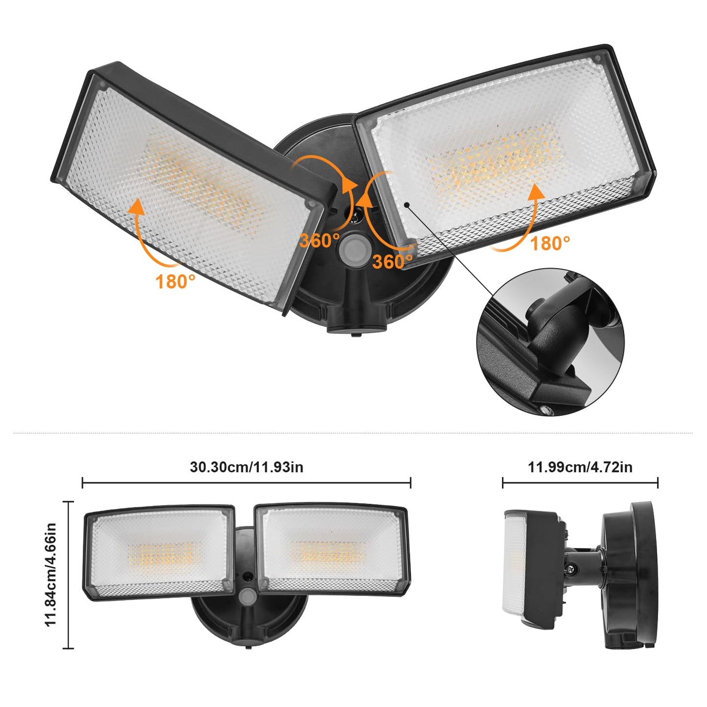 CELAVY 30W 3000 Lumen LED Dual-Head Flood Light Outdoor, Metal Exterior Metal Security Lights, 3000K/5000K Light, IP65 Waterproof Wall/Eave Mount Flood Light for Garage, Patio, Yard (Black)