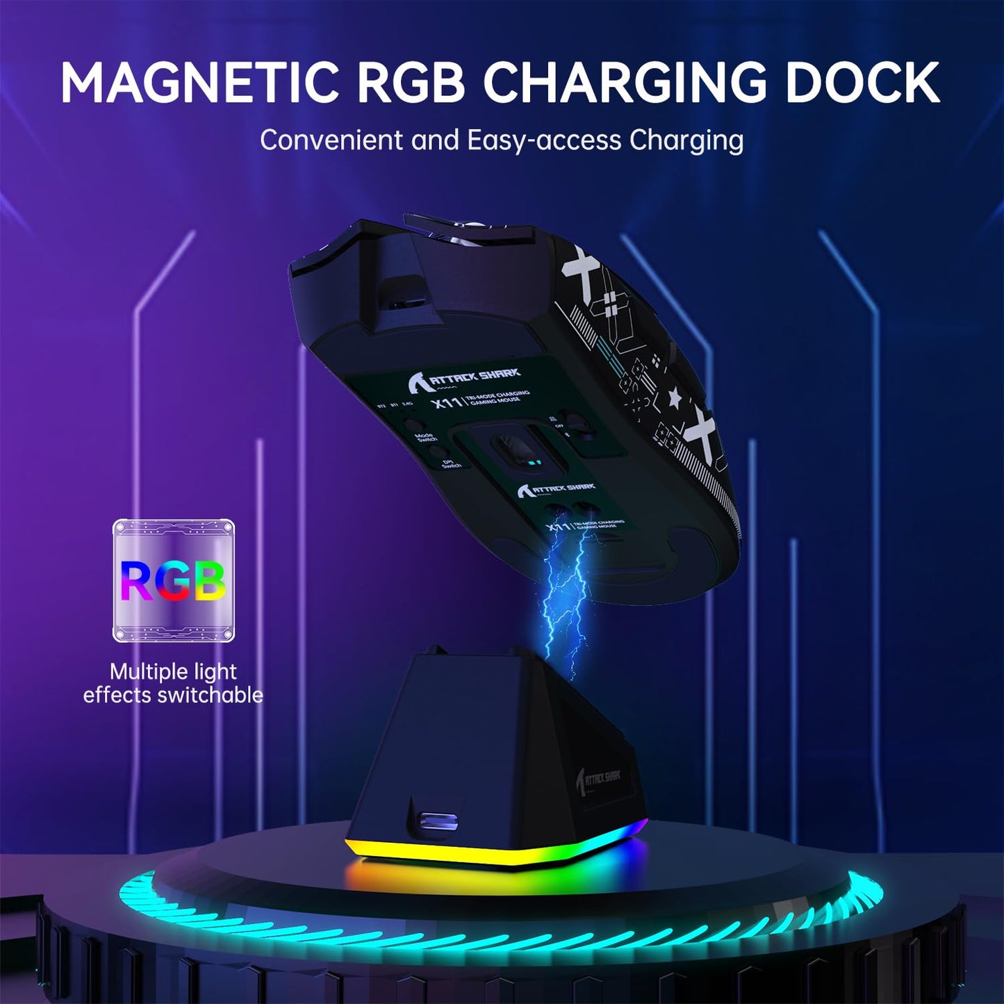 ATTACK SHARK X11 Lightweight Wireless Gaming Mouse with RGB Charging Dock,Tri-Mode-2.4G/USB-C Wired/BT,22K DPI,PAW3311 Optical Sensor,HUYU Switch, 5 programmable Buttons for PC/Mac(Black&Sticker)
