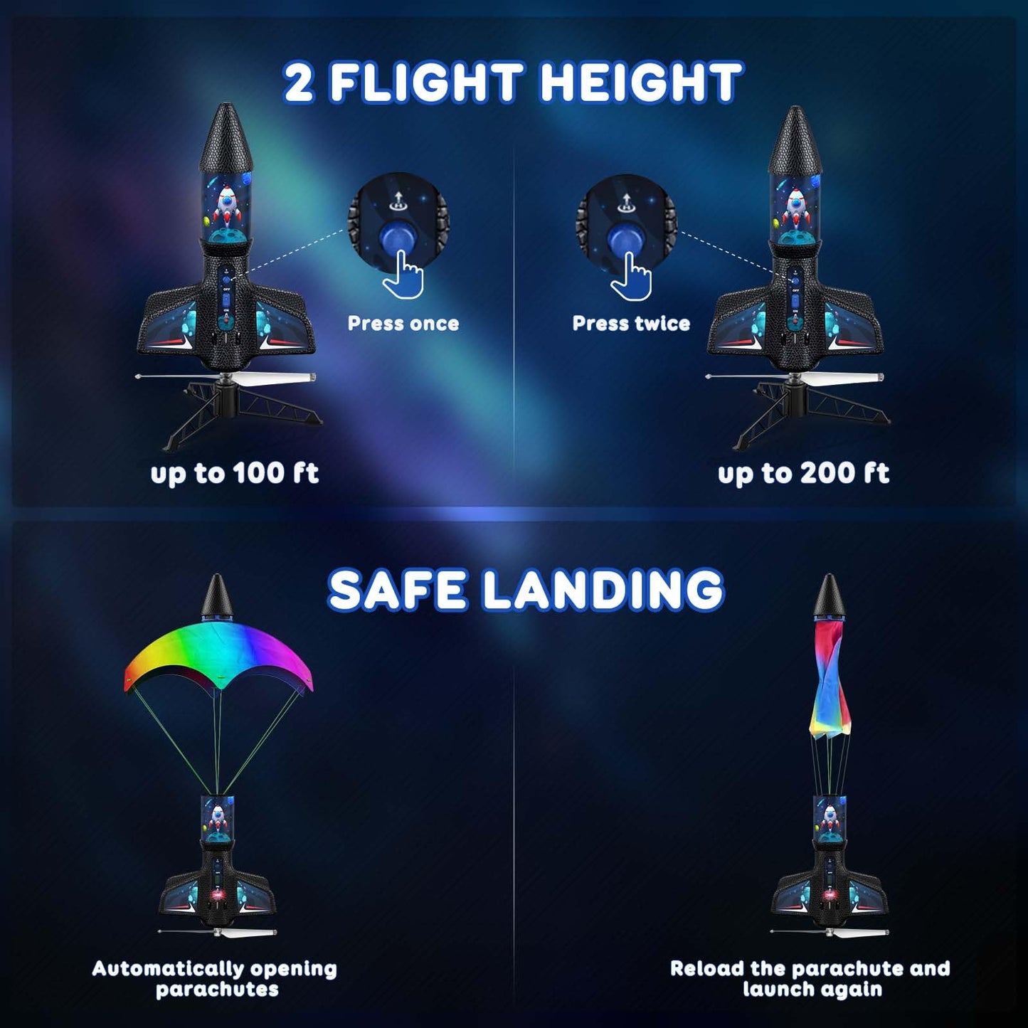 AIDELF Rocket Launcher for Kids, Launch Glow in Dark Rockets with Parachute, Shoots Up to 200 Feet, Outdoor Games Toys for Ages 8-14 Birthday Gift (Universe)