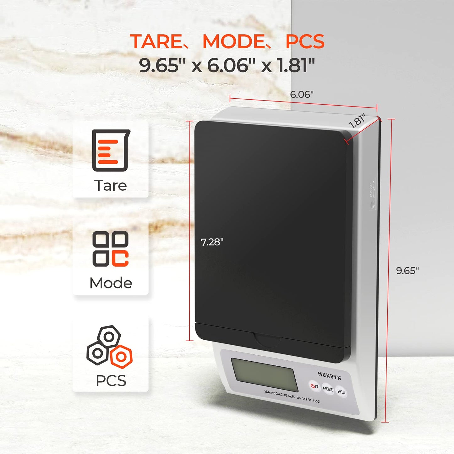 MUNBYN Digital Shipping Postal Scale, 30kg/66lbs, 1g Accuracy, Mail Scale for Packages, with Soft Tape Measure and Foldable Parcel Stand, Hold and Tear Function for Parcel Shipping Packet Postage