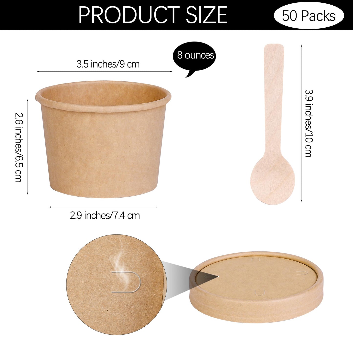 Ruisita 50 Pack Heavy Duty Soup Containers with Lids Ice Cream Bowls with Lids and Spoons 8 Ounces Disposable Soup Bowls Ice Cream Sundae Cups Kraft Paper Cups with Lids Soup Containers To Go, Brown