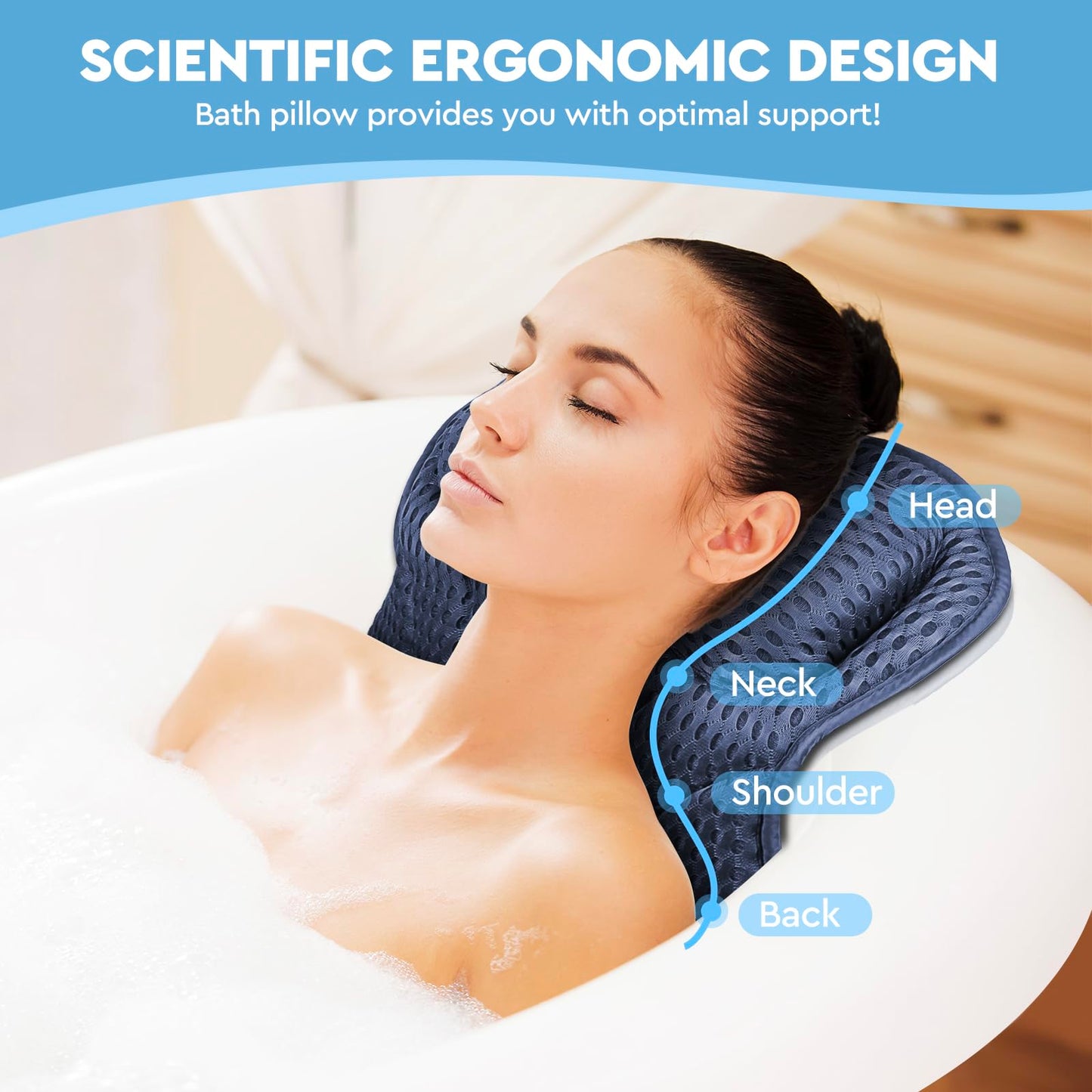 ULTRGEE Bathtub Pillow - 4D Air Mesh, Bath Pillow for Tub Head, Neck and Back Support, Fast Drying Bath Cushion, Bath Accessories for Relaxing, Germ-Proof, Fits All Bathtub (Navy)