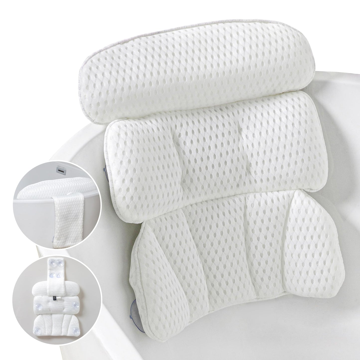 Bath Pillow Bathtub Pillow for Tub Luxury Bath Tub Pillows for Tub Neck and Back Support with 4D Air Mesh Fabric and 8 Strong Powerfull Non-Slip Suction Cups Relaxing Bath Accessories Spa Gifts, White