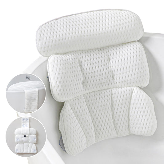 Bath Pillow Bathtub Pillow for Tub Luxury Bath Tub Pillows for Tub Neck and Back Support with 4D Air Mesh Fabric and 8 Strong Powerfull Non-Slip Suction Cups Relaxing Bath Accessories Spa Gifts, White