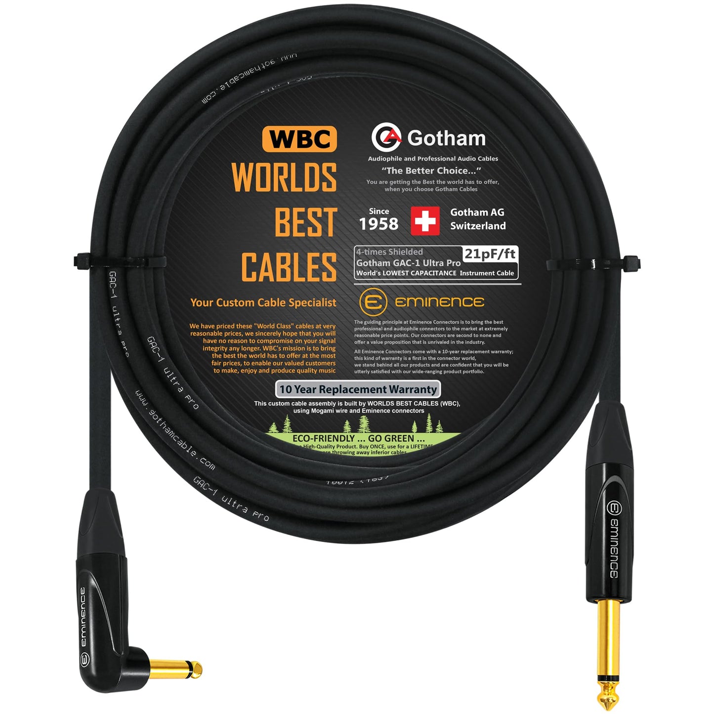 WORLDS BEST CABLES 20 Foot - Gotham GAC-1 Ultra Pro - Premium, Low-Capacitance Guitar Bass Instrument Cable - with Straight to Angled 1/4 Inch Eminence Gold Plated Connectors