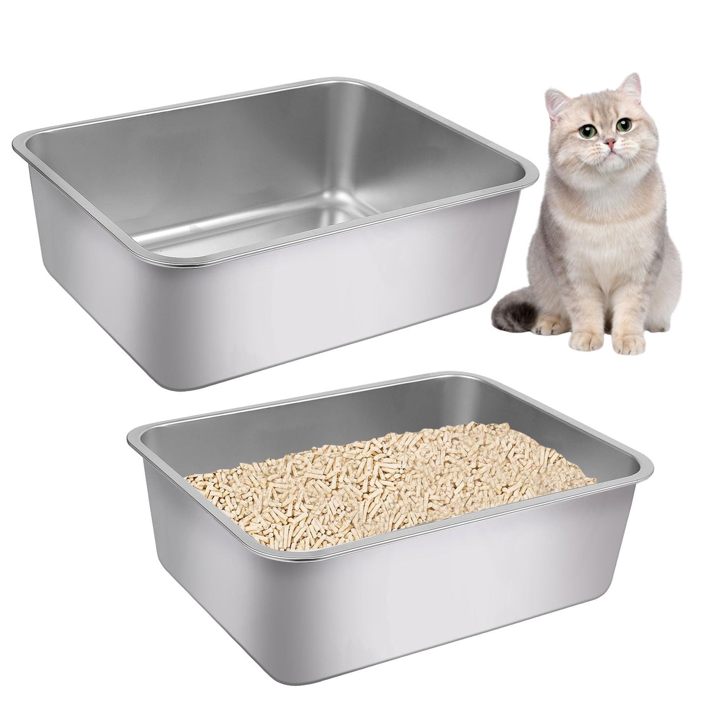 Wideotng 2Pcs Stainless Steel Cat Litter Box, Metal Kitty Litter Box with High Sides, Rust Proof Litter Tray Pan, Pet Toilet for Kitten Rabbit, Non Stick Non Odor, Easy to Clean, 17.5 x 13.5 x 6 in