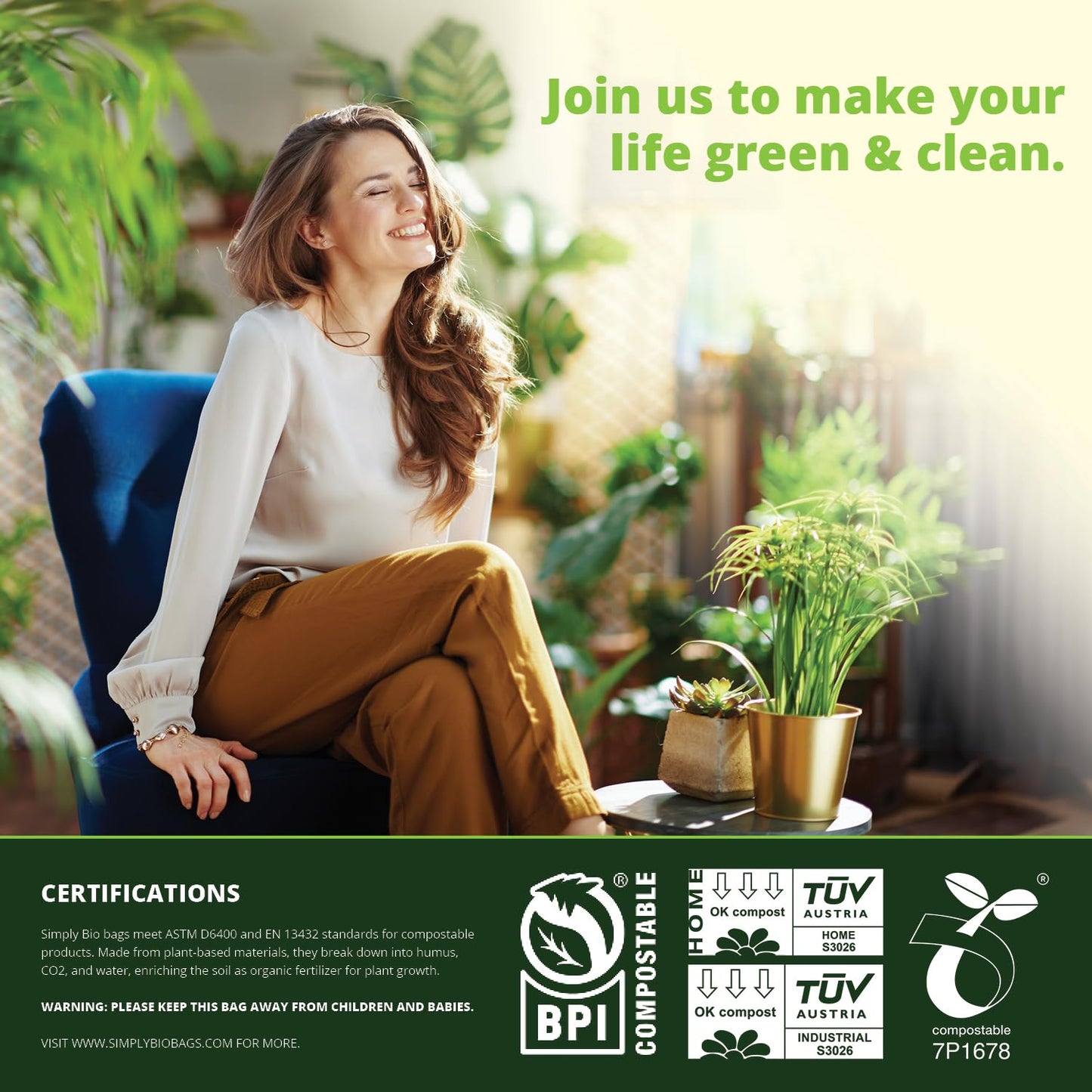 Simply Bio Compostable Trash Bag with Handle, 80 Count, Thick 0.67 Mil, 3 Gallon, 11.36 Liter, Small Kitchen Food Scrap Trash Bags, ASTM D6400, US BPI and Europe OK Compost Home Certified