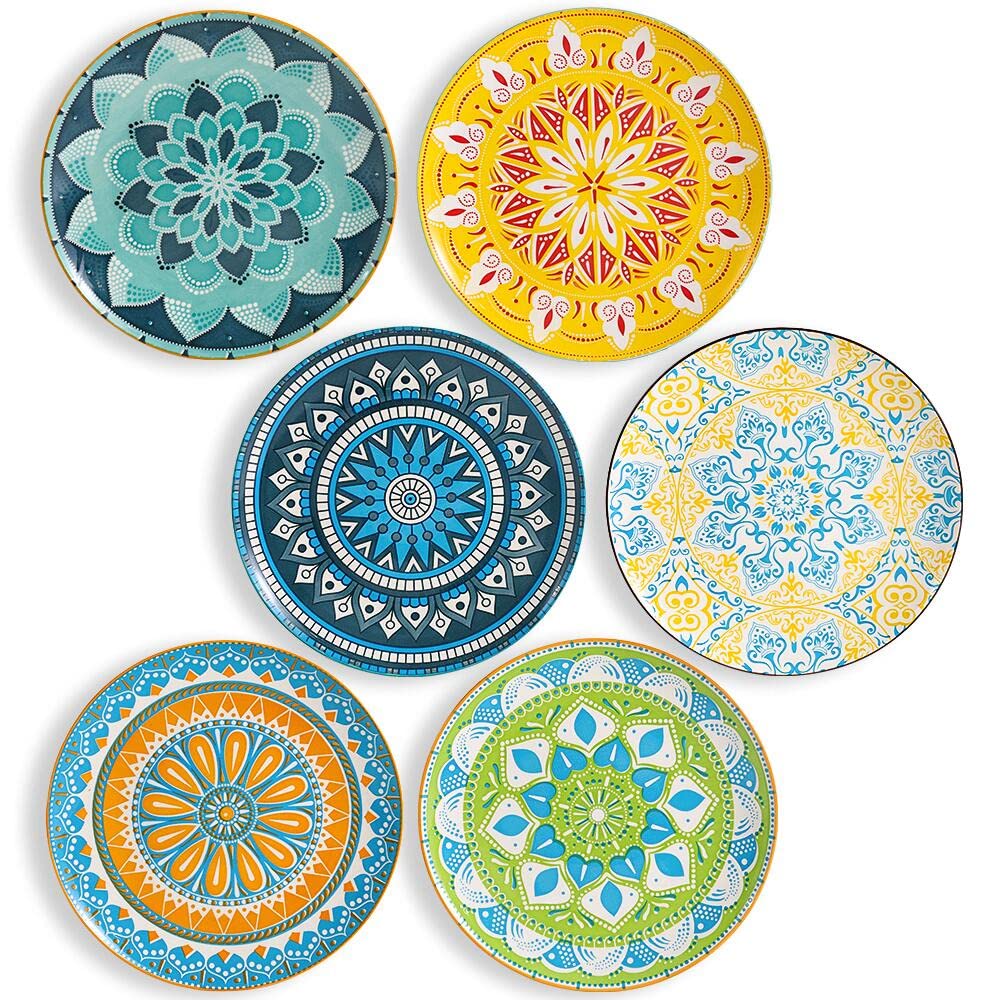 Dinner Plates Set of 6, 10 Inch Scratch Resistant Ceramic Plates, Dishwasher and Microwave Safe, Pasta Plate, Salad Plate, for Main Course, Multicolor