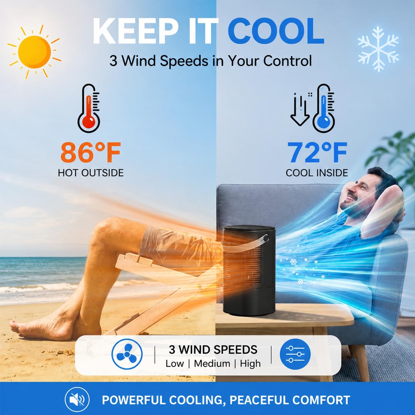 Portable Air Conditioner, 4-in-1 Mini Small Air Conditioner Evaporative Air Cooler Fan with 1000ml Water Tank, 3 Speeds & 7 LED Lights, Personal Mini AC with Timer for Bedroom, Desktop, Home, Office