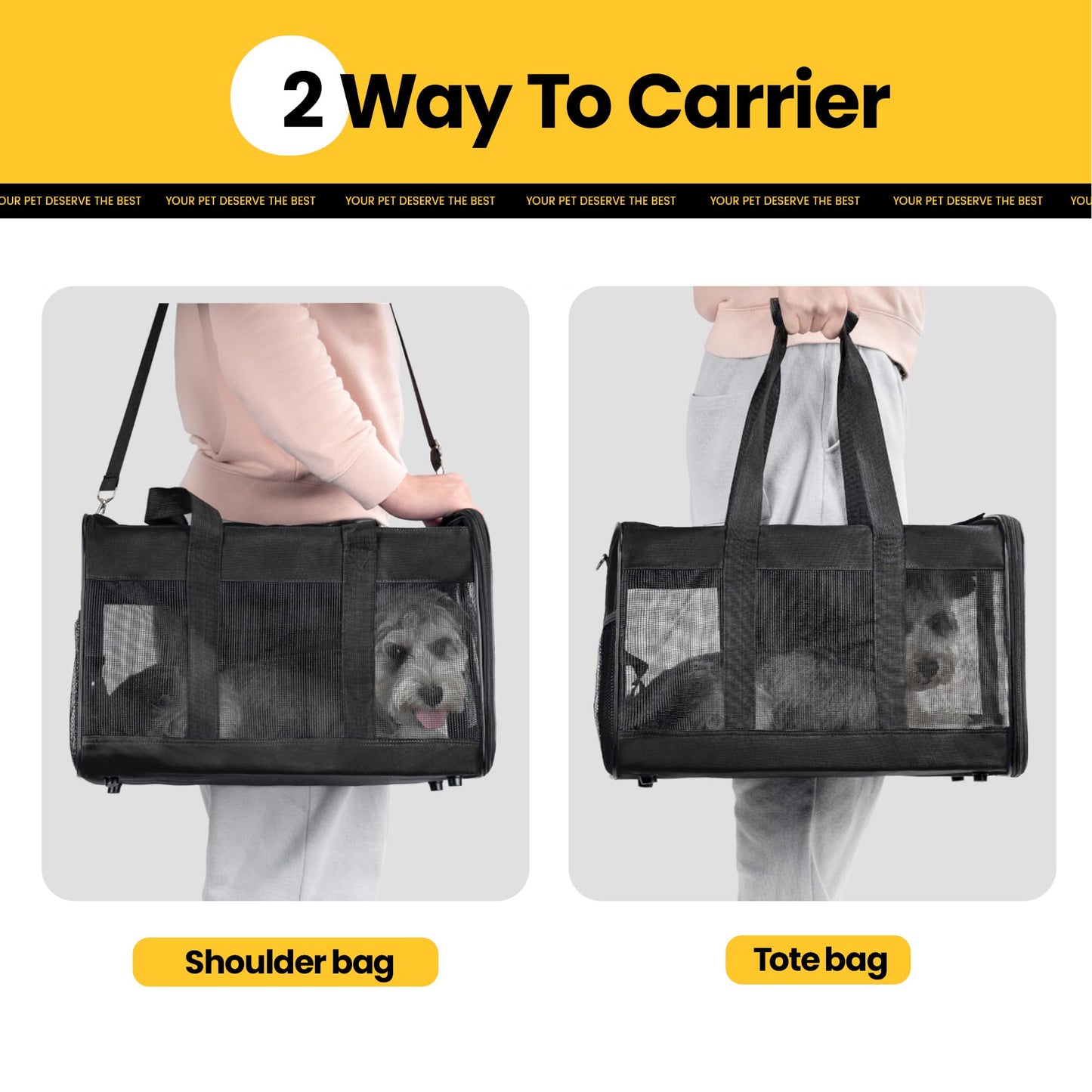 Conlun Dog Carrier Soft Sided, Large Cat Carrier with Inner Safety Leash, Pet Transport Carrier for Large Cats and Medium Dogs up to 20 Lbs, Collapsible Travel Puppy Carrier Bag -Black L