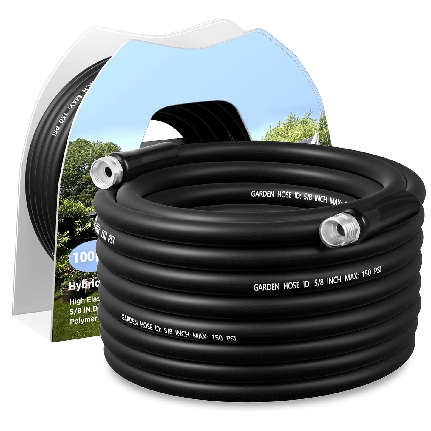 Famyards Garden Hose 100FT, 5/8'' Water Hose, Flexible and Leakproof Hybrid Garden Hose for RV, Trailer, Patio and Outdoor, Black