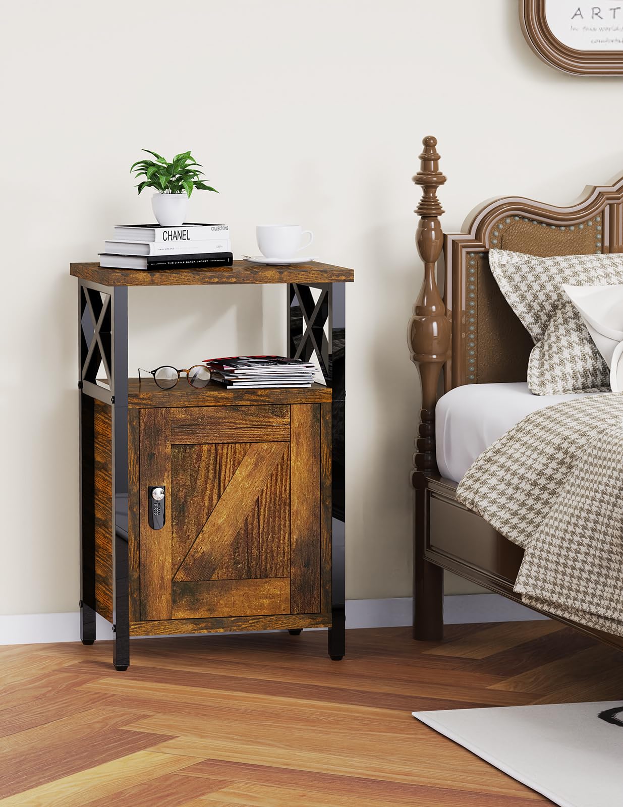 runjuly Night Stand with Locking Drawer, Bedside Table with Drawers, Wooden Bed Side Table with Storage, Nightstand with Shelves, End Night Tables For Bedroom, Living Room, Dorm, Office (Rustic Brown)