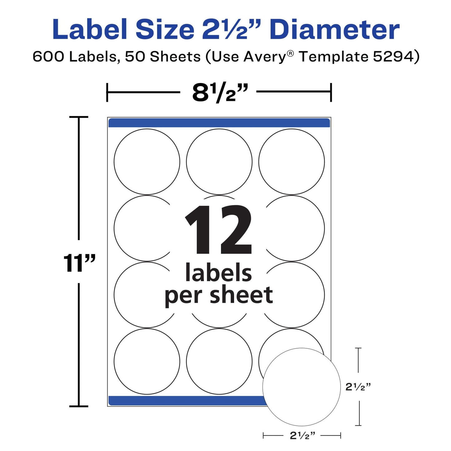 Avery High Visibility Printable Round Labels with Sure Feed, 2.5" Diameter, White, Laser Printer, 300 per Pack, 2 Packs, 600 Customizable Blank Labels Total (45294)