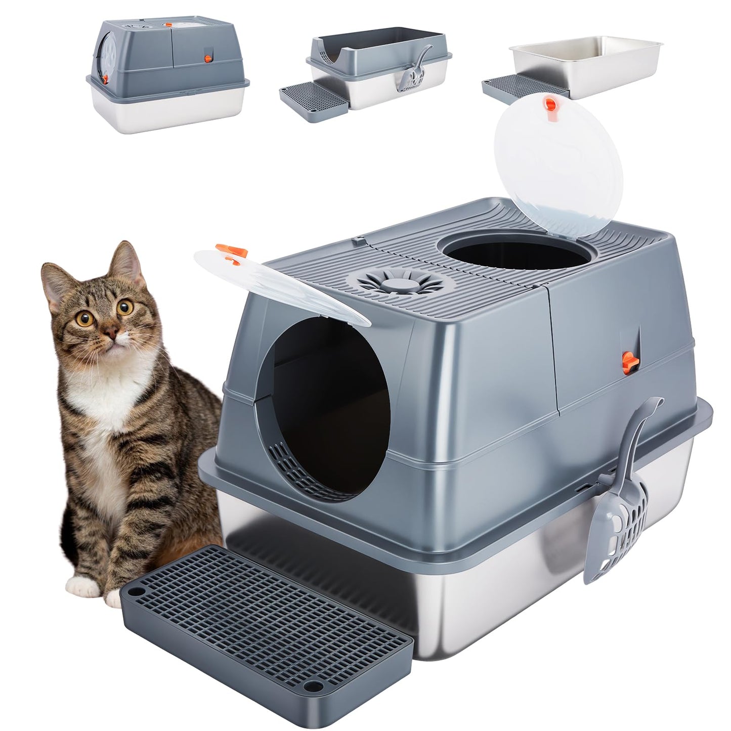 Ownpets Stainless Steel Cat Litter Box –180°Flip Lid for Easy Cleaning, One-Click Personalized Design, Advanced Odor Control, XL Capacity, 16'' High