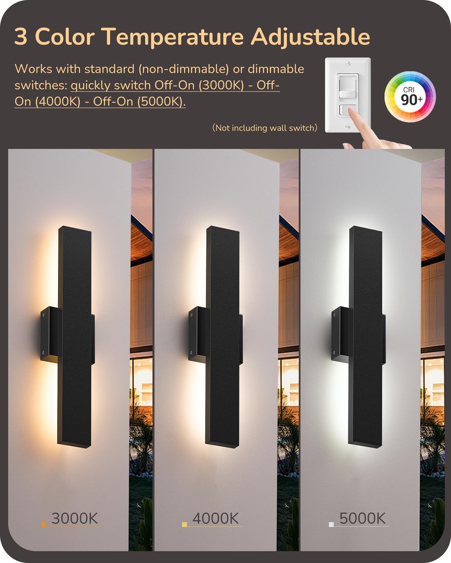 EDISHINE 2 Pack LED Outdoor Wall Lights Dimmable, 3CCT (3000K 4000K 5000K), 15.7'' Modern Black Exterior Light Fixtures, Waterproof Front Door Lights for Entrance, Hallway, Garage, Porch