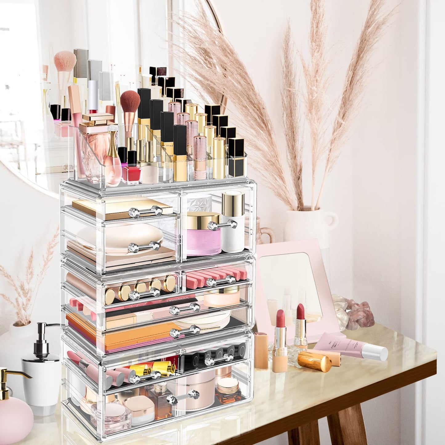 DILIBRA Acrylic Makeup Organizer, Stackable Clear Cosmetic Display Case with 10 Drawers, Large Skin Care Storage Organizer Display Box for Jewelry Hair Accessories Vanity Bathroom Counter Dresser