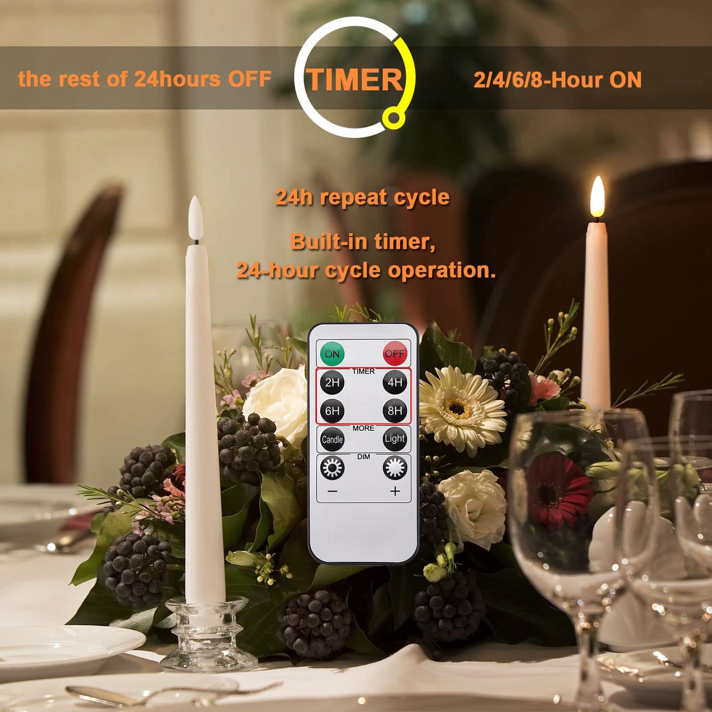 IMAGE Taper Candles, 12 Pcs Battery Operated 3D Wick Ivory Taper Flameless Candles with 10 Keys Remote and Timer, Flickering Flameless with 100M Fishing Line Warm White