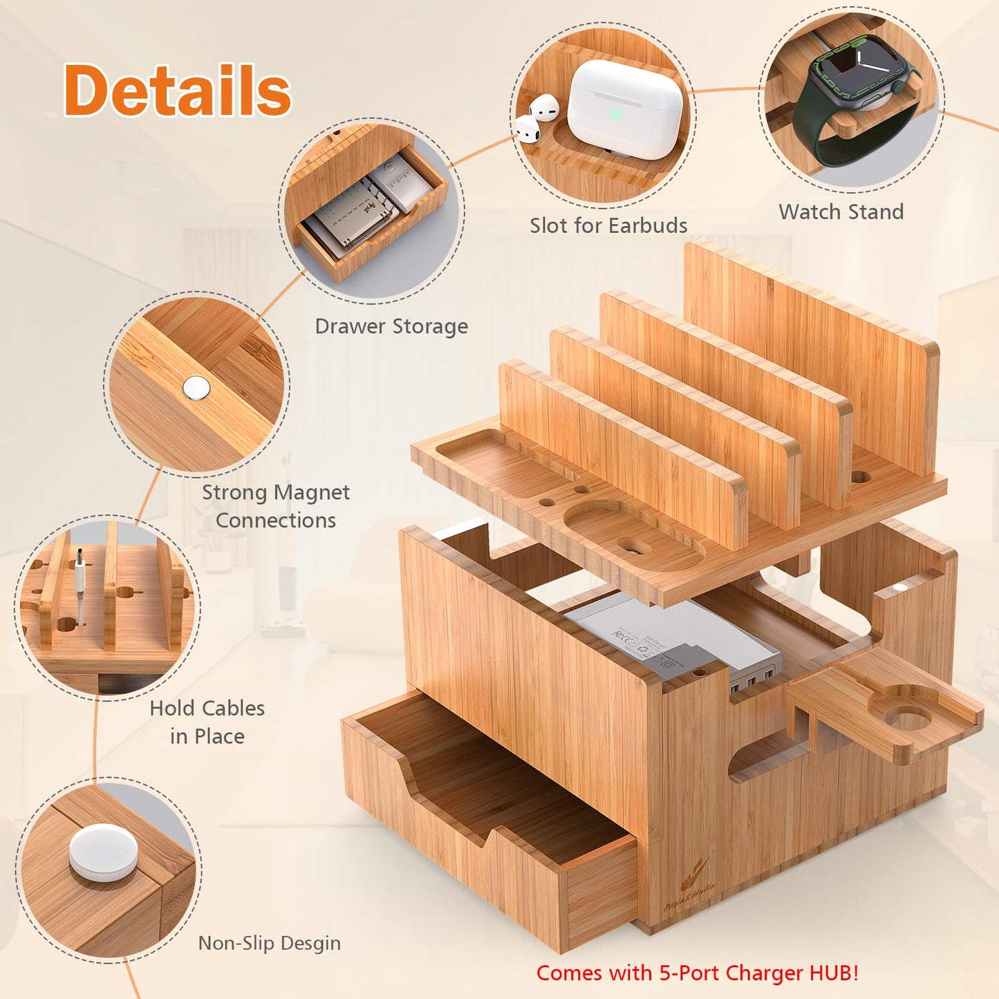 Pezin & Hulin Multi Device Charging Station, with Charger HUB Adapter, All in One Large Dock Organizer Drawer Storage, Compatible with Phones, Tablets, Earbuds (5 Mixed Cables Included)