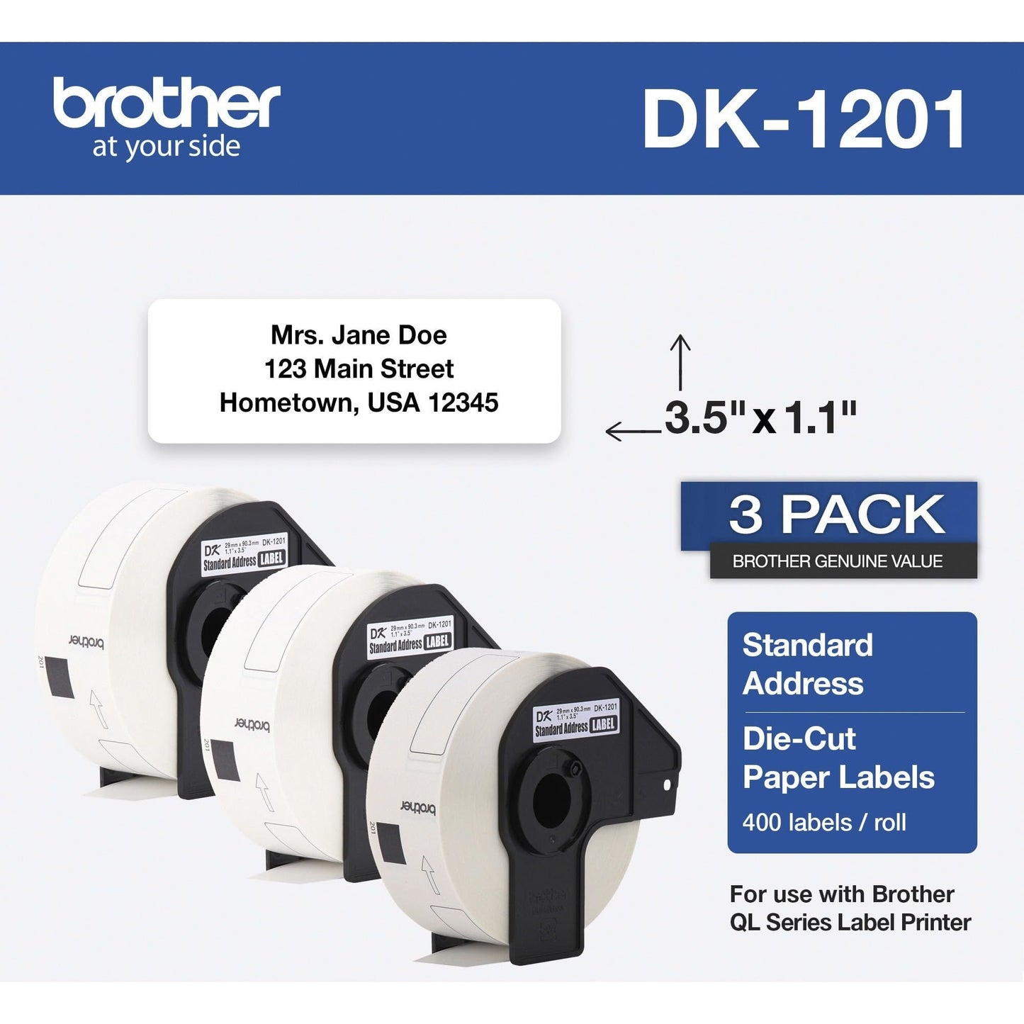 Brother Genuine DK-1201 Die-Cut Standard Address Labels Long Lasting Reliability, Die-Cut Standard Address Paper Labels, 1.14” x 3.5” Individual Label Size, 400 Labels per Roll, (3) Rolls per Box