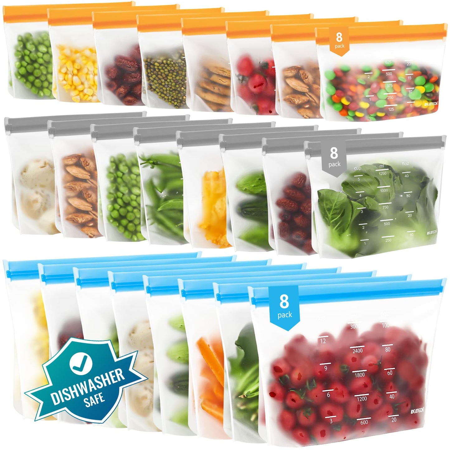 Dishwasher Safe Reusable Storage Bags Stand Up - BPA Free PEVE Reusable Sandwich Bags - Leakproof Gallon Freezer Bags, Silicone Food Storage Bags (24 Pack- 8Gallon + 8Sandwich + 8Snack)