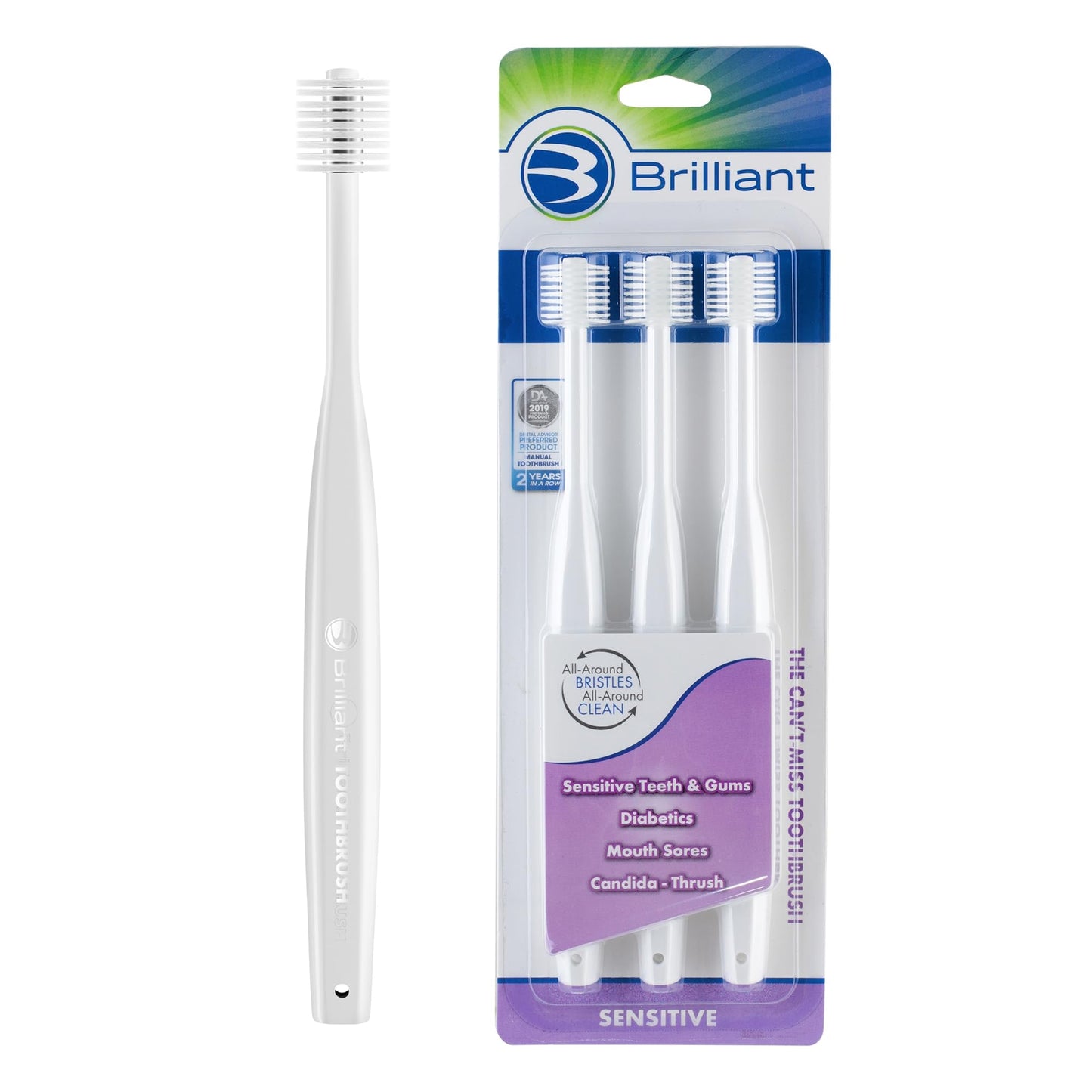 Brilliant Oral Care Adult Sensitive Toothbrush with Extra Soft Bristles, Round Head, and Gentle All-Around Clean for Tender Teeth and Gums, White, 3 Pack