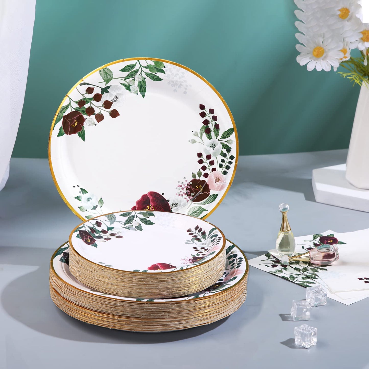 Gudvilla 200Pcs Floral Paper Plates and Napkins Party Supplies - Bridal Shower Decorations Serves 50, Burgundy for Wedding, Birthday, Valentine's Day, Easter, Spring Party
