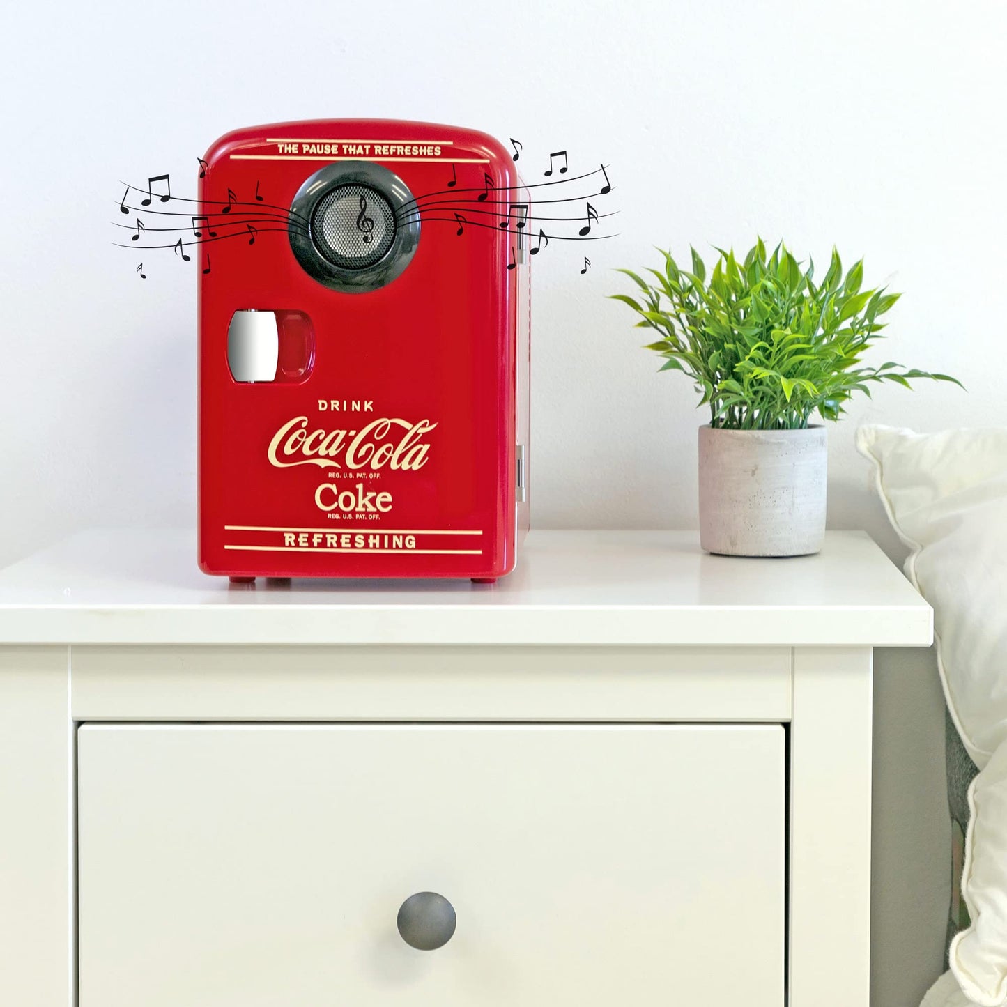 Coca-Cola 12V Portable Built in Speaker with 4L Mini Fridge, Compact Speaker and Personal Cooler/Warmer for Desk Office Dorm, Unique Gift for Music-Lovers and Students