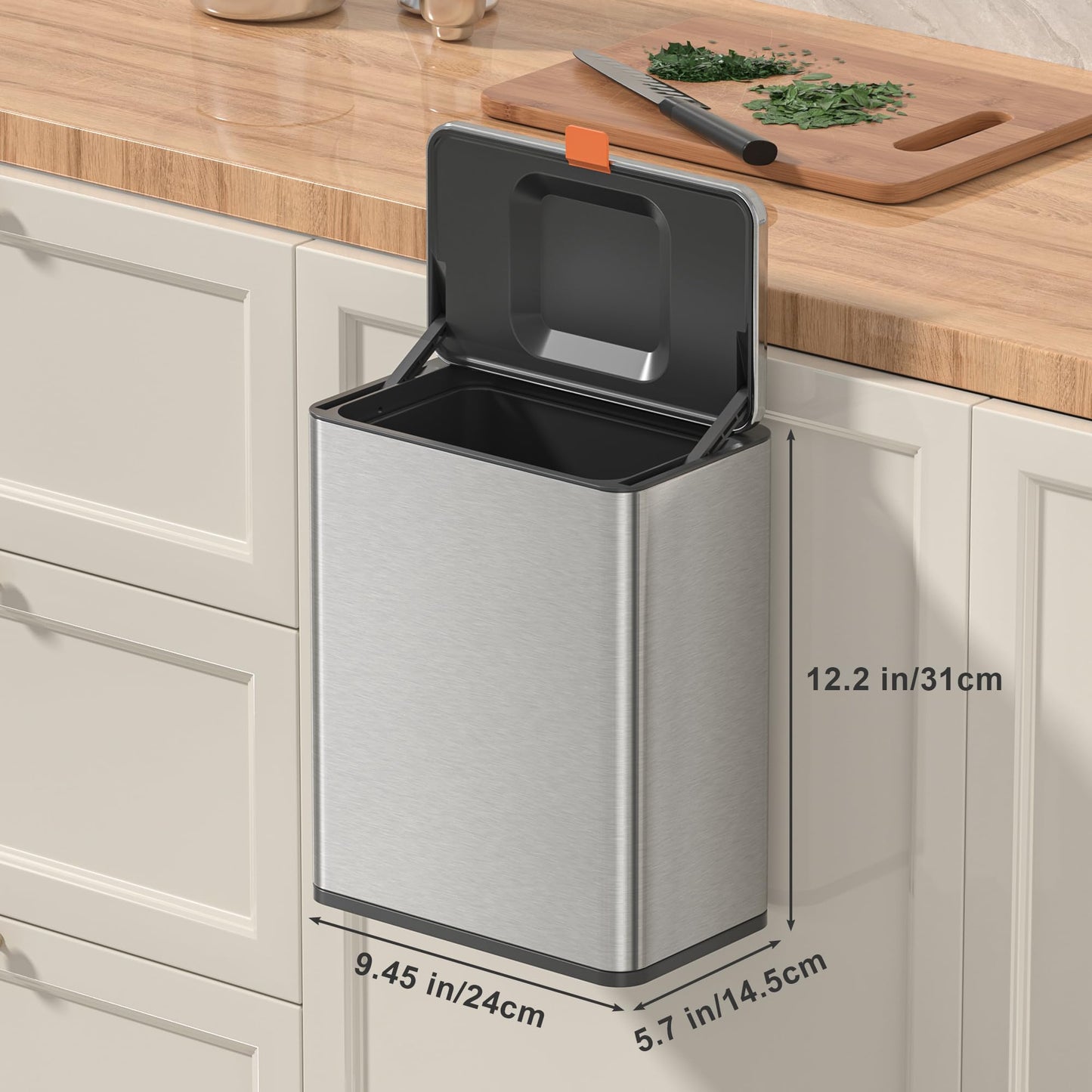 Mbillion Compost Bin Hanging Trash Can with Lid 2.1 Gallon Stainless Steel Garbage Can for Kitchen Cabinet Door Mounted Trash Can Under Sink Door RV & Bathroom, Brushed Silver
