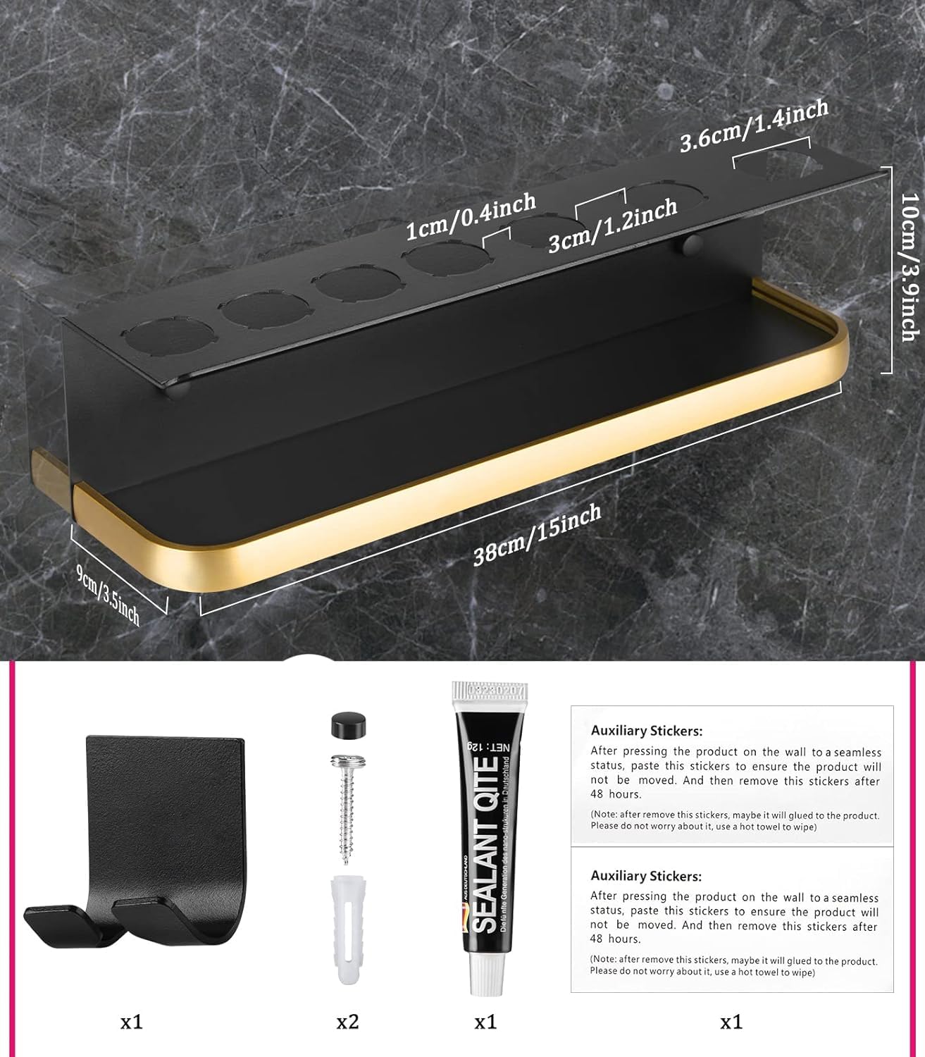 Hair Dryer Holder Wall Mount for Dyson, Hairdryer Holder Station No Drill for Dyson Airwrap Stand Hair Tool Organizer with Adhesive for Bedroom Bathroom (Gold Black,Not Compatible with Dyson HS09)