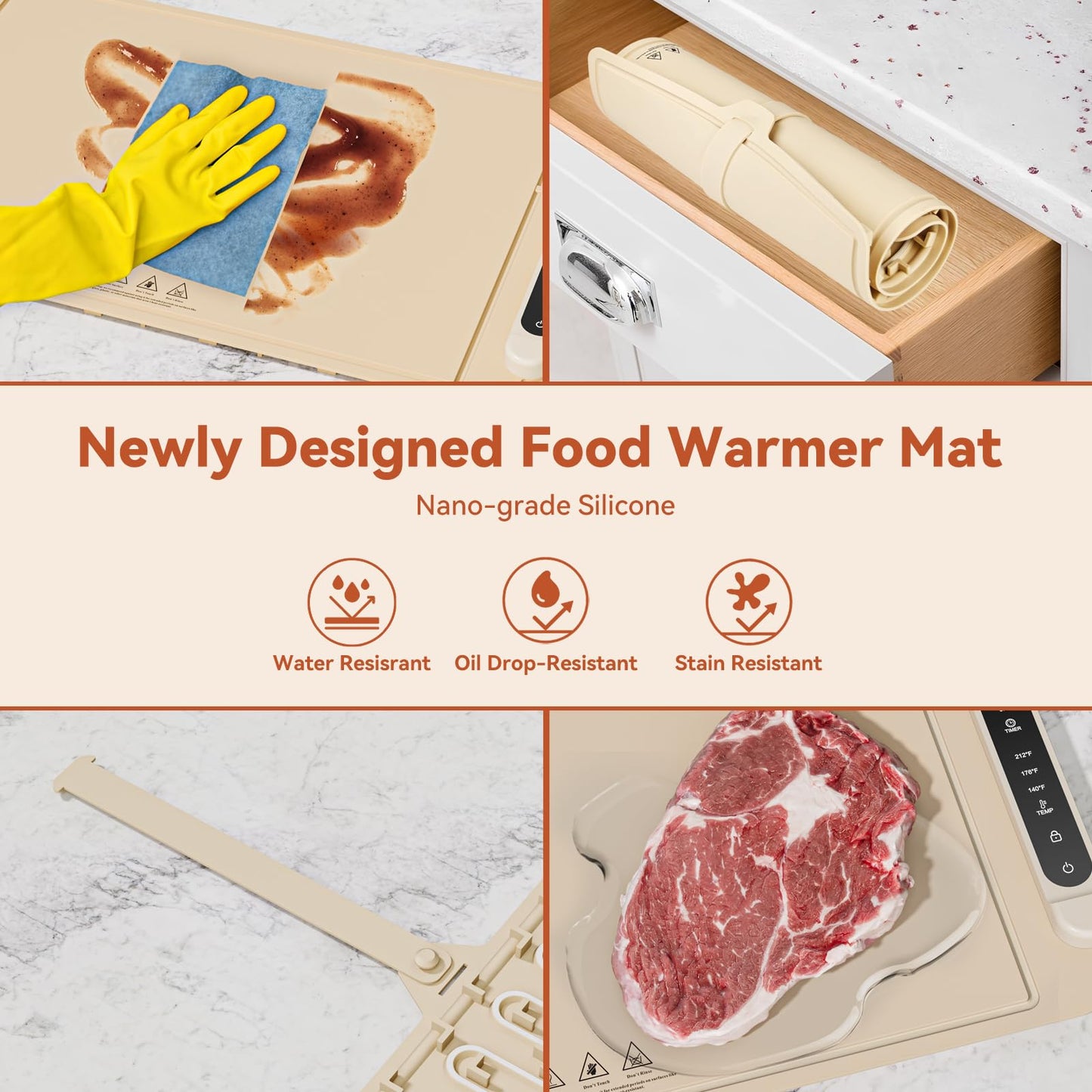 Food Warming Mat Electric Tray: Adjustable Silicone Heating Pad with 3 Temperature Settings 4 Timer Function Portable Roll Up Hot Plate for Buffets Party Gatherings Kitchen Warmer Countertop Holiday